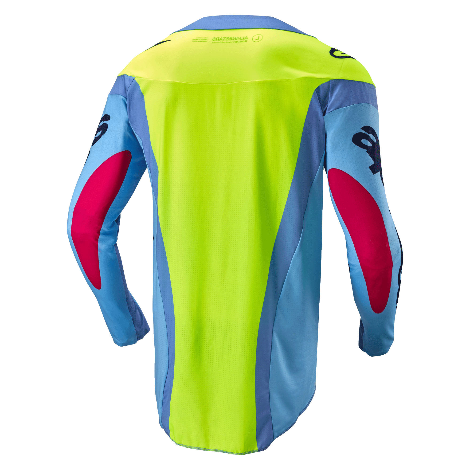 Alpinestars Techstar Ocuri Jersey 2024, koszulka motocrossowa, jasnoniebieska, żółta fluo i czerwona, widok z tyłu z jaskrawym neonowym żółtym panelem pleców, jasnoniebieskie rękawy z czerwonymi akcentami, ergonomiczny sportowy krój.