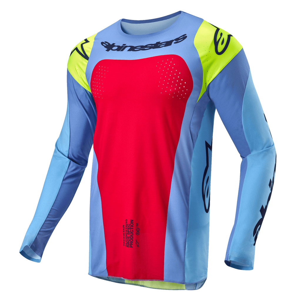 Alpinestars 2024 Techstar Ocuri Jersey, koszulka motocrossowa, jasnoniebieska z akcentami w kolorze Red Berry i neonowym żółtym, czarne logo, laserowo wycinane perforacje dla lepszej wentylacji, sportowy krój wyścigowy