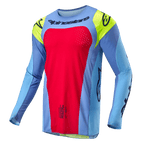 Alpinestars 2024 Techstar Ocuri Jersey, koszulka motocrossowa, jasnoniebieska z akcentami w kolorze Red Berry i neonowym żółtym, czarne logo, laserowo wycinane perforacje dla lepszej wentylacji, sportowy krój wyścigowy