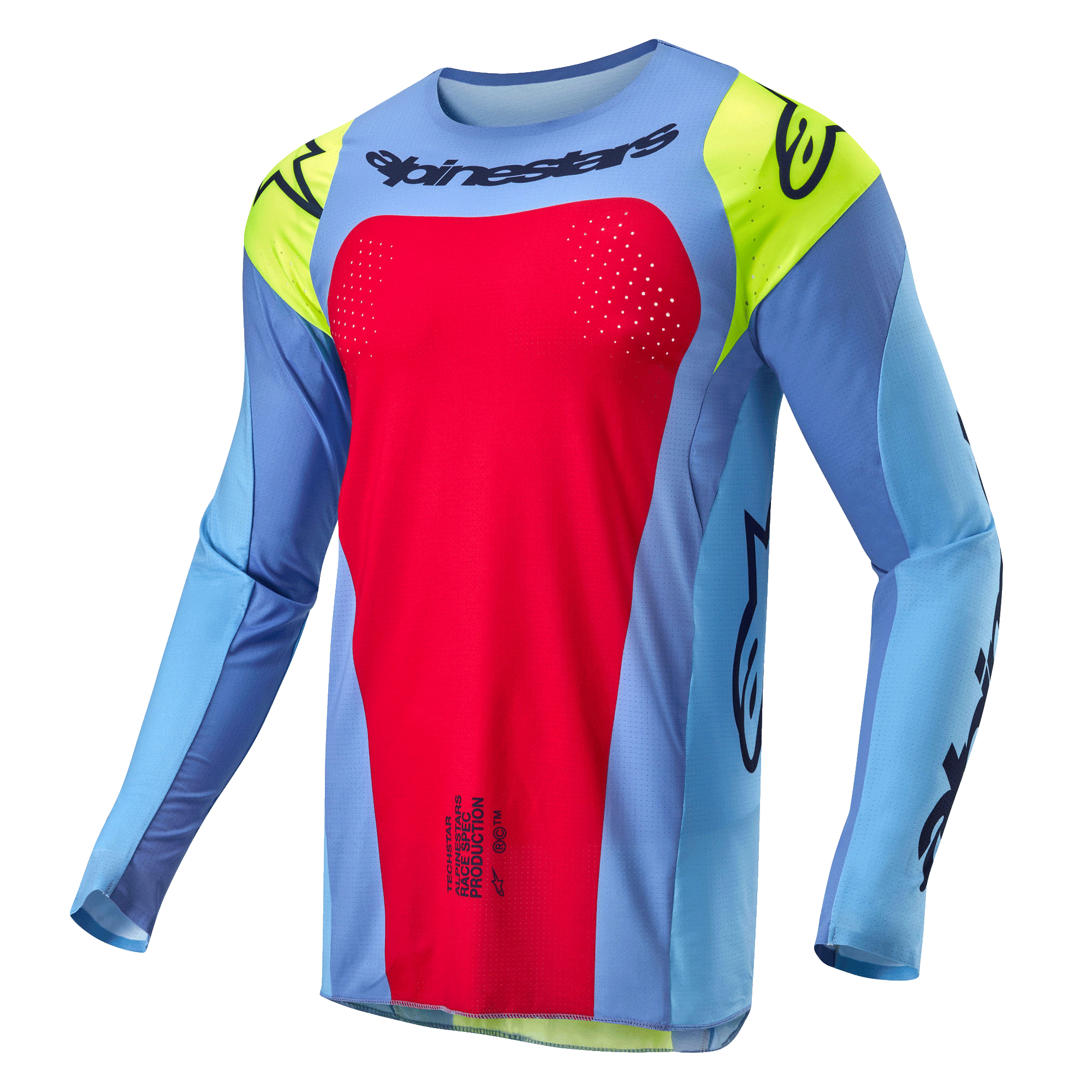 Alpinestars 2024 Techstar Ocuri Jersey, koszulka motocrossowa, jasnoniebieska z akcentami w kolorze Red Berry i neonowym żółtym, czarne logo, laserowo wycinane perforacje dla lepszej wentylacji, sportowy krój wyścigowy