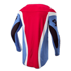 Koszulka Alpinestars 2024 Techstar Ocuri, koszulka motocrossowa, jasnoniebieska, czerwona Mars i biała, widok z tyłu pokazujący atletyczny krój wyścigowy, przedłużony tył i czarne grafiki na rękawach.