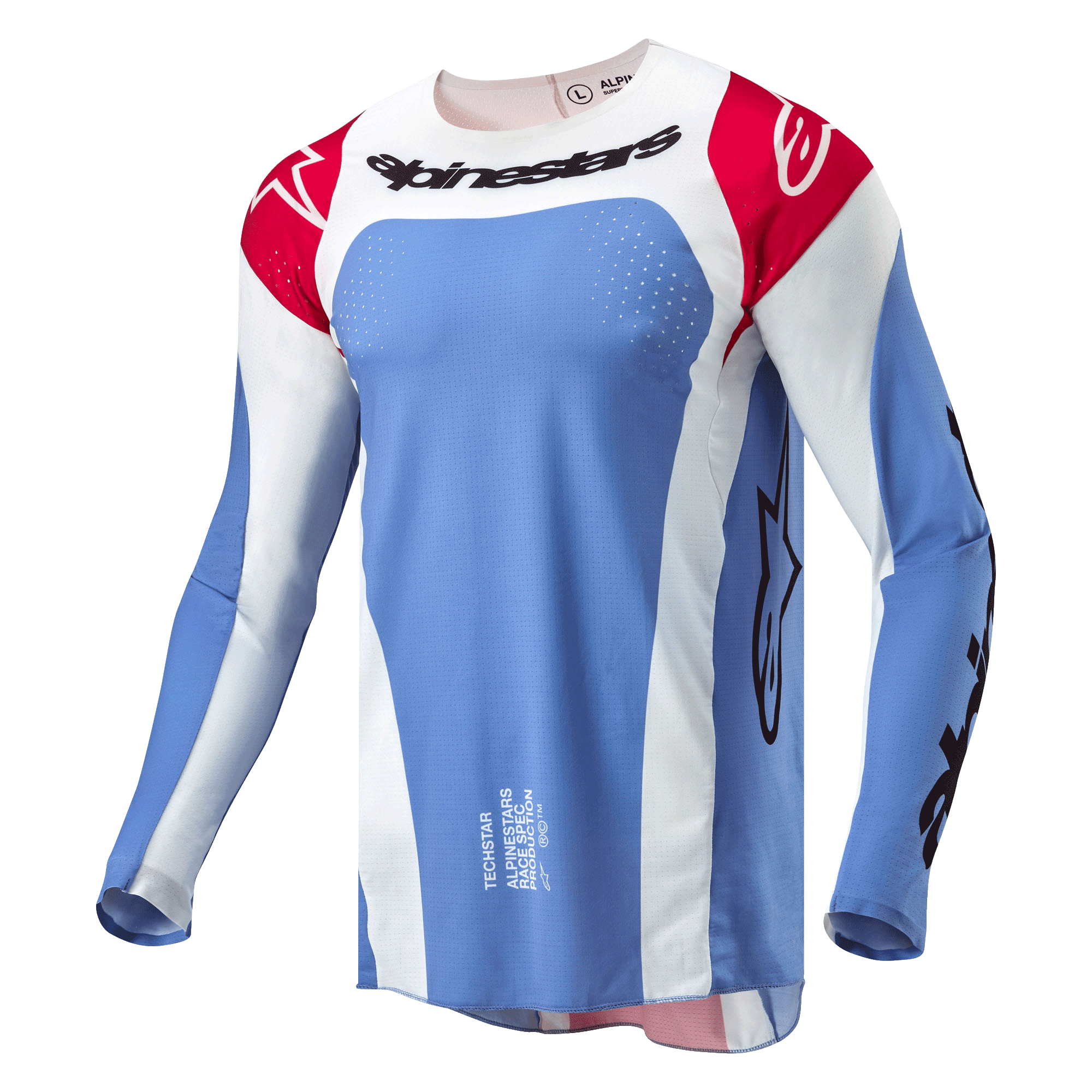 Alpinestars 2024 Techstar Ocuri Jersey, koszulka motocrossowa, jasnoniebieska, czerwona i biała, czarny napis Alpinestars na klatce piersiowej, czerwone ramiona z białym logo oraz laserowo wycinane perforacje zapewniające wentylację