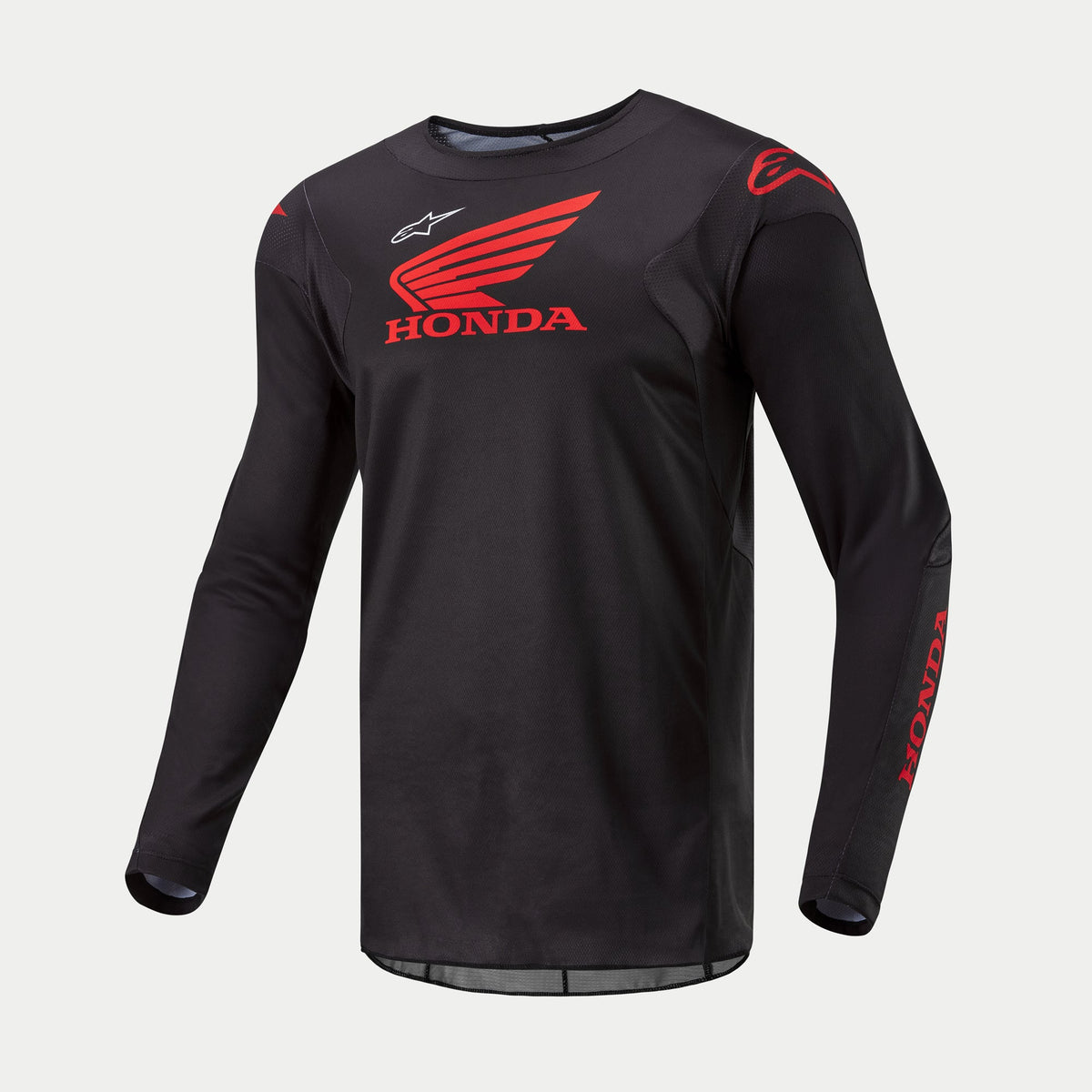 Alpinestars Koszulka Honda Racer Iconic, czarna koszulka motocrossowa z długim rękawem, oficjalne czerwone i białe logo Honda na piersi, odzież off-road