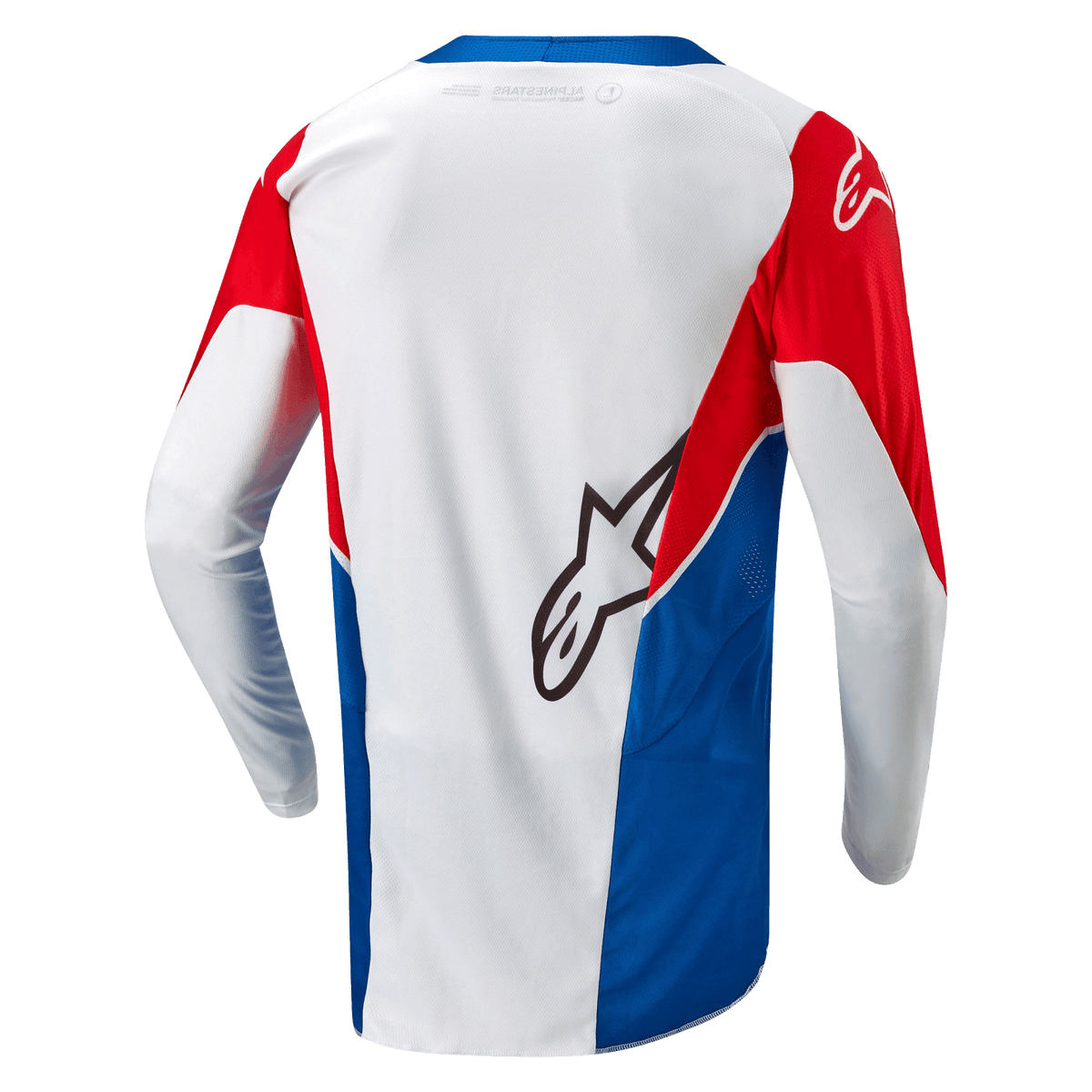 Alpinestars Honda Racer Iconic, koszulka motocross off-road, biała, niebieska i czerwona, widok z tyłu przedstawiający wydłużony dół i lekką konstrukcję odprowadzającą wilgoć