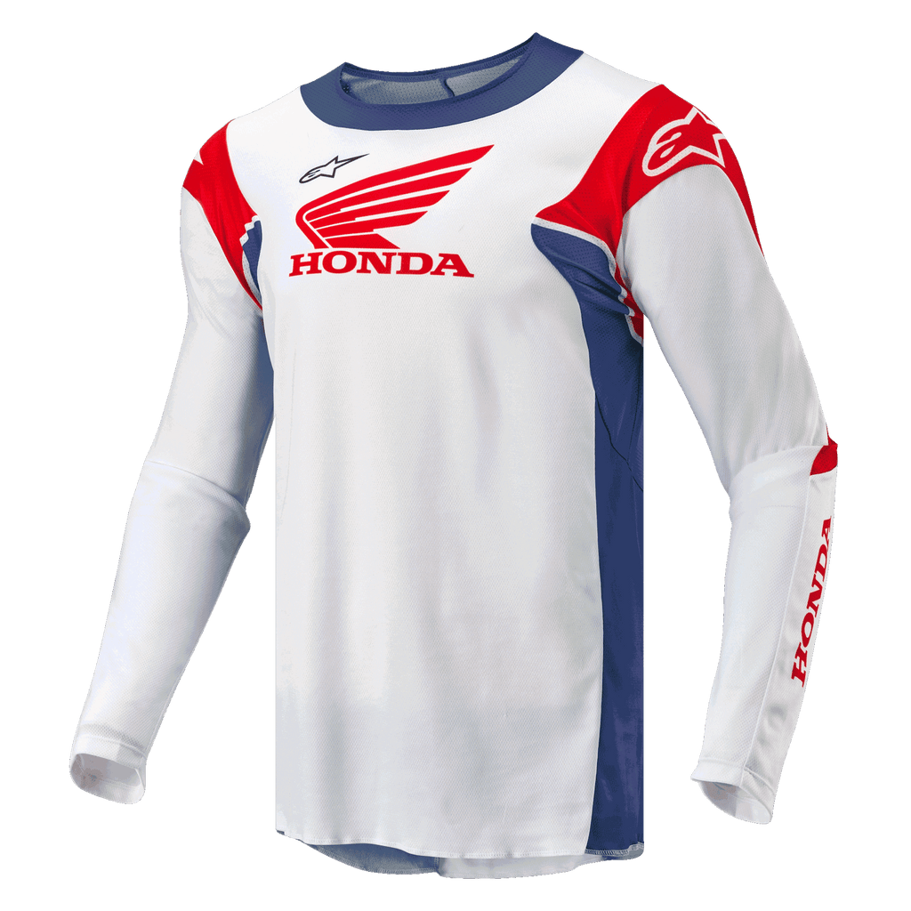 Alpinestars Honda Racer Iconic, koszulka motocross off-road męska, biała z jasnoniebieskimi i jasnoczerwonymi akcentami, oficjalne branding Honda
