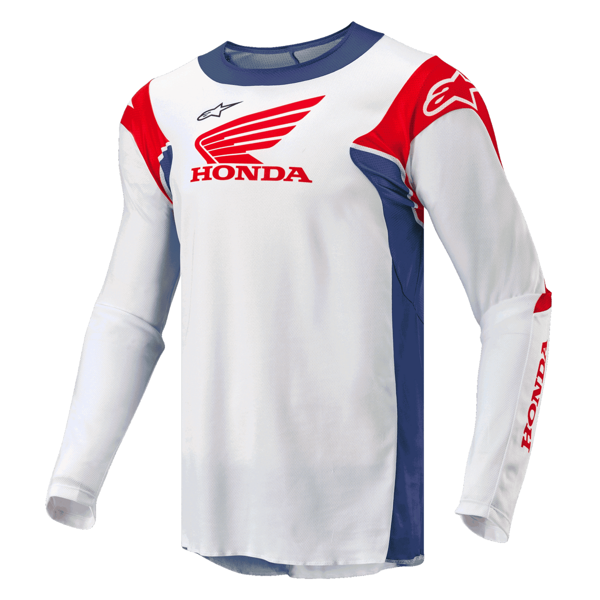 Alpinestars Honda Racer Iconic, koszulka motocross off-road męska, biała z jasnoniebieskimi i jasnoczerwonymi akcentami, oficjalne branding Honda