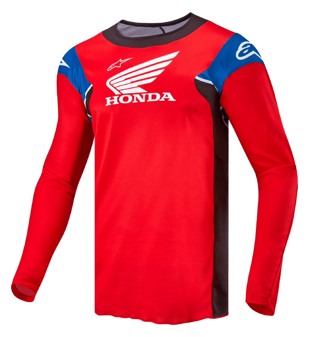 Alpinestars Honda Racer Iconic, męska koszulka motocyklowa cross z długim rękawem, jasnoczerwona z czarnymi, niebieskimi i białymi akcentami, z nadrukowanym logo Honda