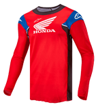Alpinestars Honda Racer Iconic, męska koszulka motocyklowa cross z długim rękawem, jasnoczerwona z czarnymi, niebieskimi i białymi akcentami, z nadrukowanym logo Honda