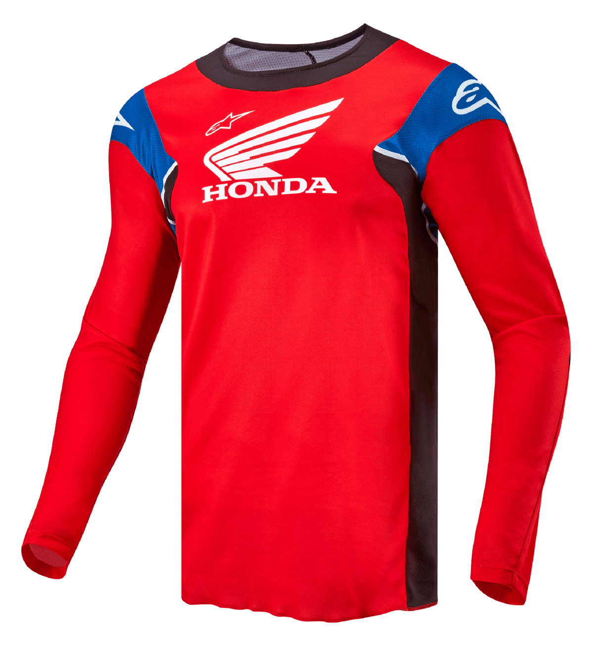 Alpinestars Honda Racer Iconic, męska koszulka motocyklowa cross z długim rękawem, jasnoczerwona z czarnymi, niebieskimi i białymi akcentami, z nadrukowanym logo Honda