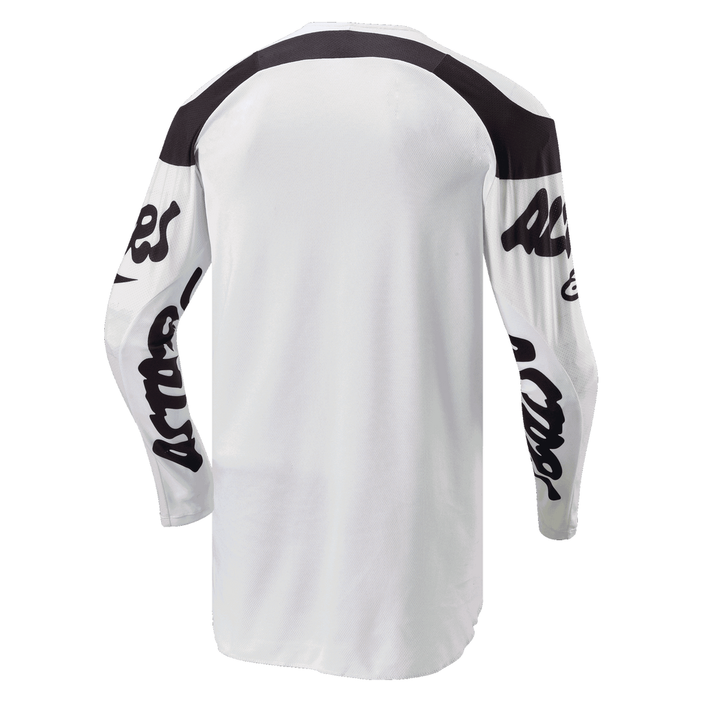 Alpinestars 2024 Racer Hana Jersey, koszulka motocrossowa, biało-czarna, widok z tyłu z przedłużonym tyłem dla lepszej osłony, czarne panele na ramionach i czarne logotypy na rękawach, wytrzymały materiał odprowadzający wilgoć