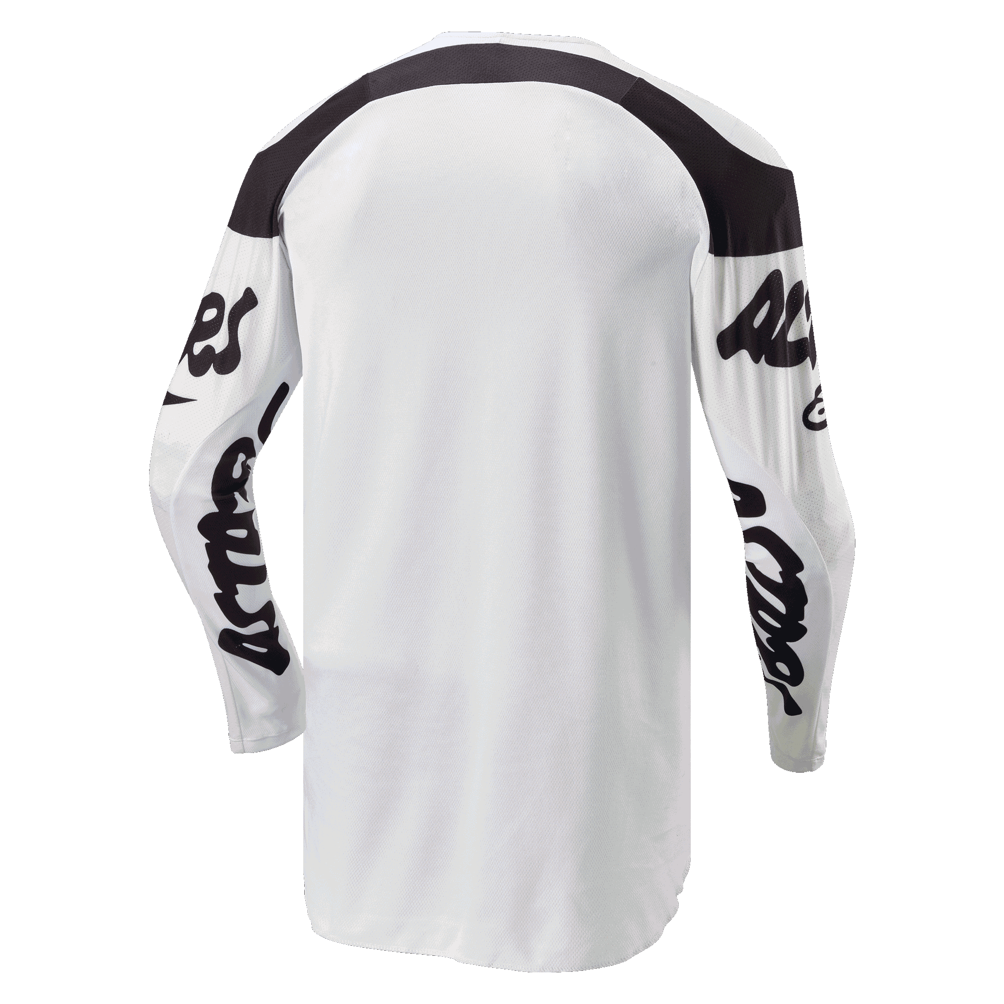 Alpinestars 2024 Racer Hana Jersey, koszulka motocrossowa, biało-czarna, widok z tyłu z przedłużonym tyłem dla lepszej osłony, czarne panele na ramionach i czarne logotypy na rękawach, wytrzymały materiał odprowadzający wilgoć