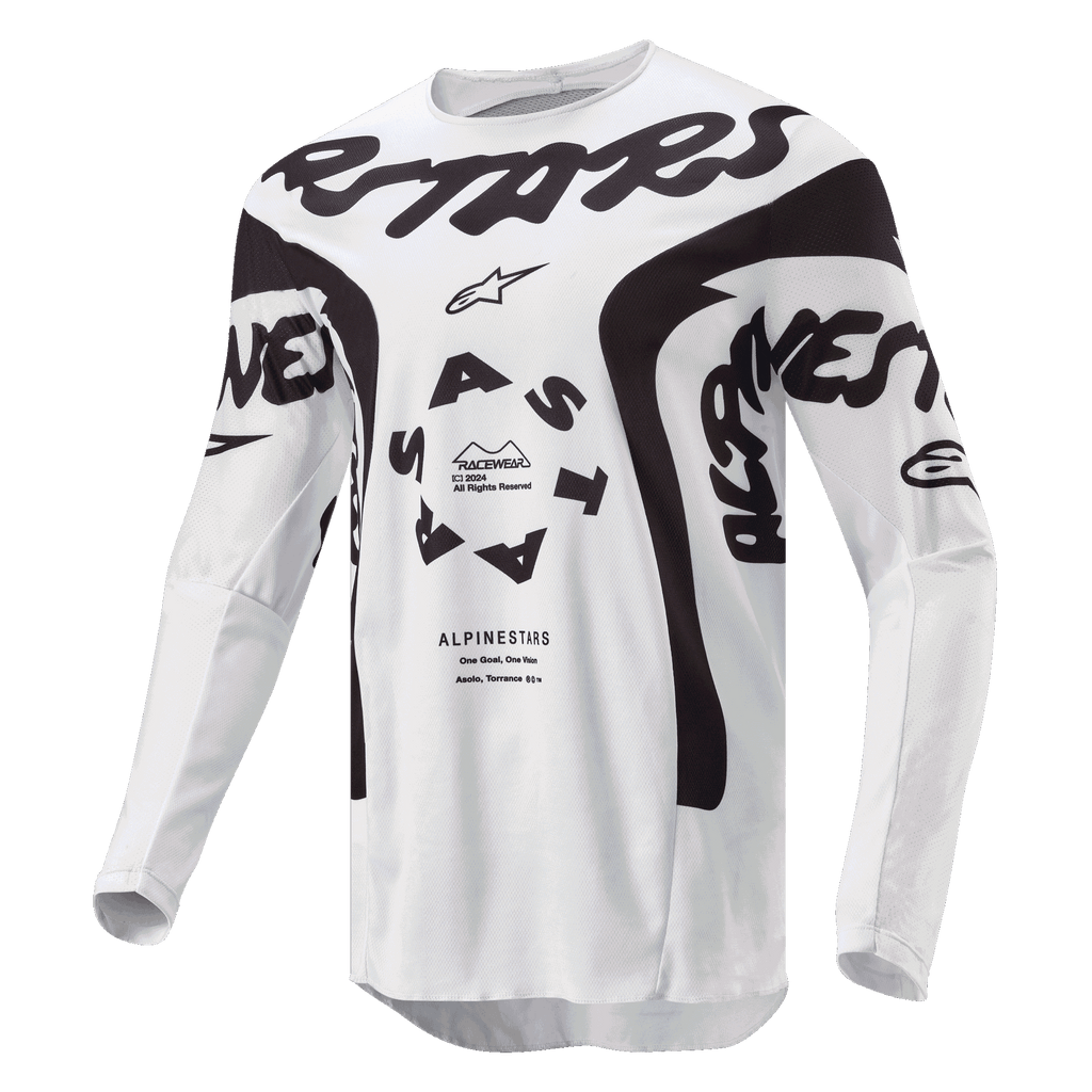 Alpinestars 2024 Racer Hana Jersey, koszulka motocrossowa, biało-czarna, wyraźny czarny branding Alpinestars na klatce piersiowej, okrągłe logo ASTARS, techniczne panele z siatki zapewniające wydajność w terenie