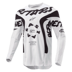 Alpinestars 2024 Racer Hana Jersey, koszulka motocrossowa, biało-czarna, wyraźny czarny branding Alpinestars na klatce piersiowej, okrągłe logo ASTARS, techniczne panele z siatki zapewniające wydajność w terenie