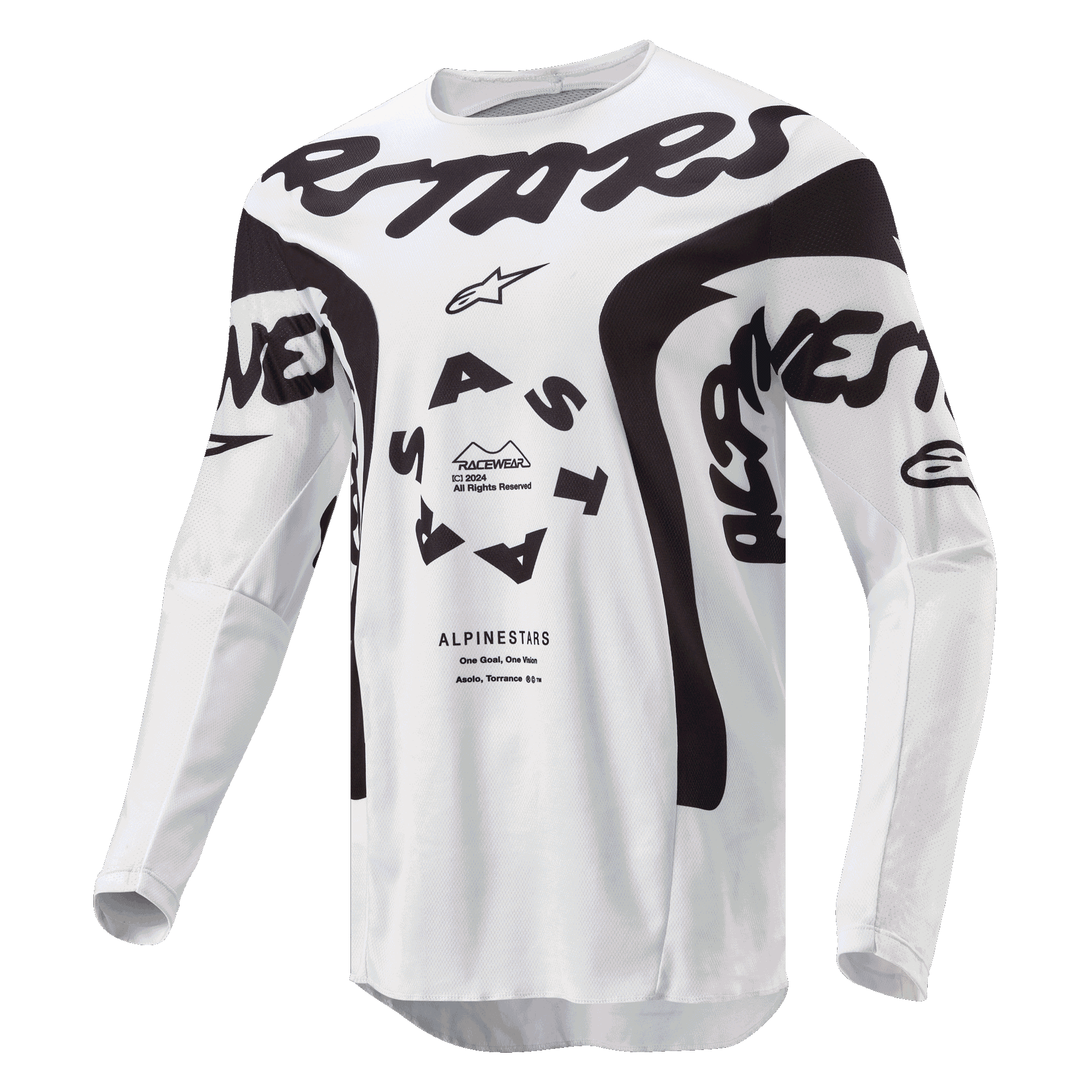 Alpinestars 2024 Racer Hana Jersey, koszulka motocrossowa, biało-czarna, wyraźny czarny branding Alpinestars na klatce piersiowej, okrągłe logo ASTARS, techniczne panele z siatki zapewniające wydajność w terenie