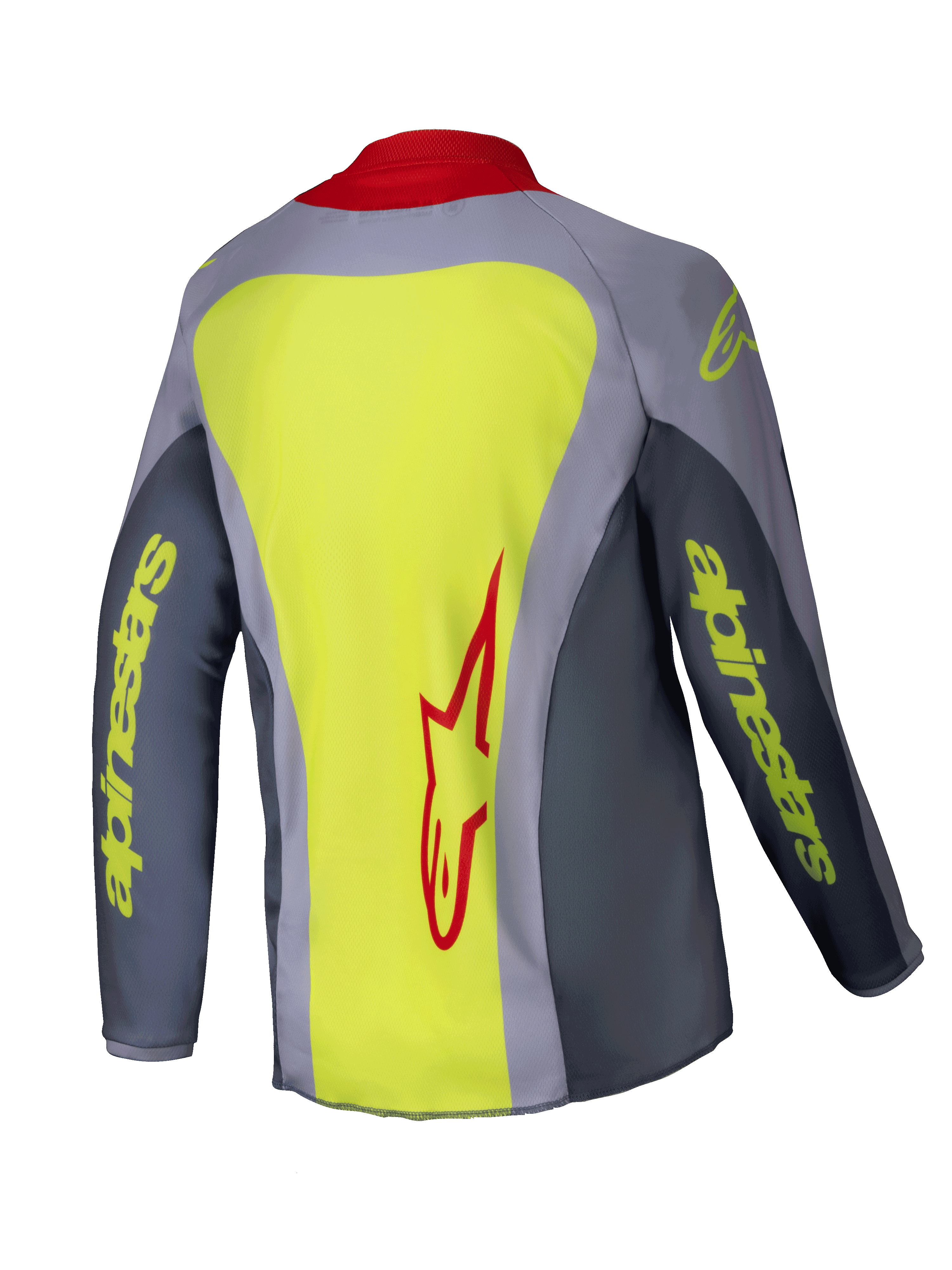 Alpinestars 2025 Youth Racer Melt Jersey, koszulka motocrossowa, jasnoczerwona i szara z neonowożółtymi akcentami, widok z tyłu przedstawiający duży neonowożółty panel z czerwonym logo Alpinestars, szare rękawy z żółtym napisem marki i czerwony kołnierzyk, lekka odzież techniczna do wyścigów terenowych