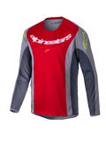 Alpinestars Youth Racer Melt Jersey 2025, koszulka motocrossowa, jaskrawoczerwona i szara, duże białe logo na piersi, neonowożółte akcenty na ramionach, techniczny materiał z długim rękawem do jazdy terenowej