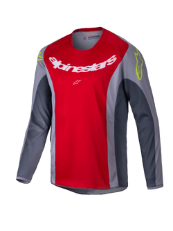 Alpinestars Youth Racer Melt Jersey 2025, koszulka motocrossowa, jaskrawoczerwona i szara, duże białe logo na piersi, neonowożółte akcenty na ramionach, techniczny materiał z długim rękawem do jazdy terenowej