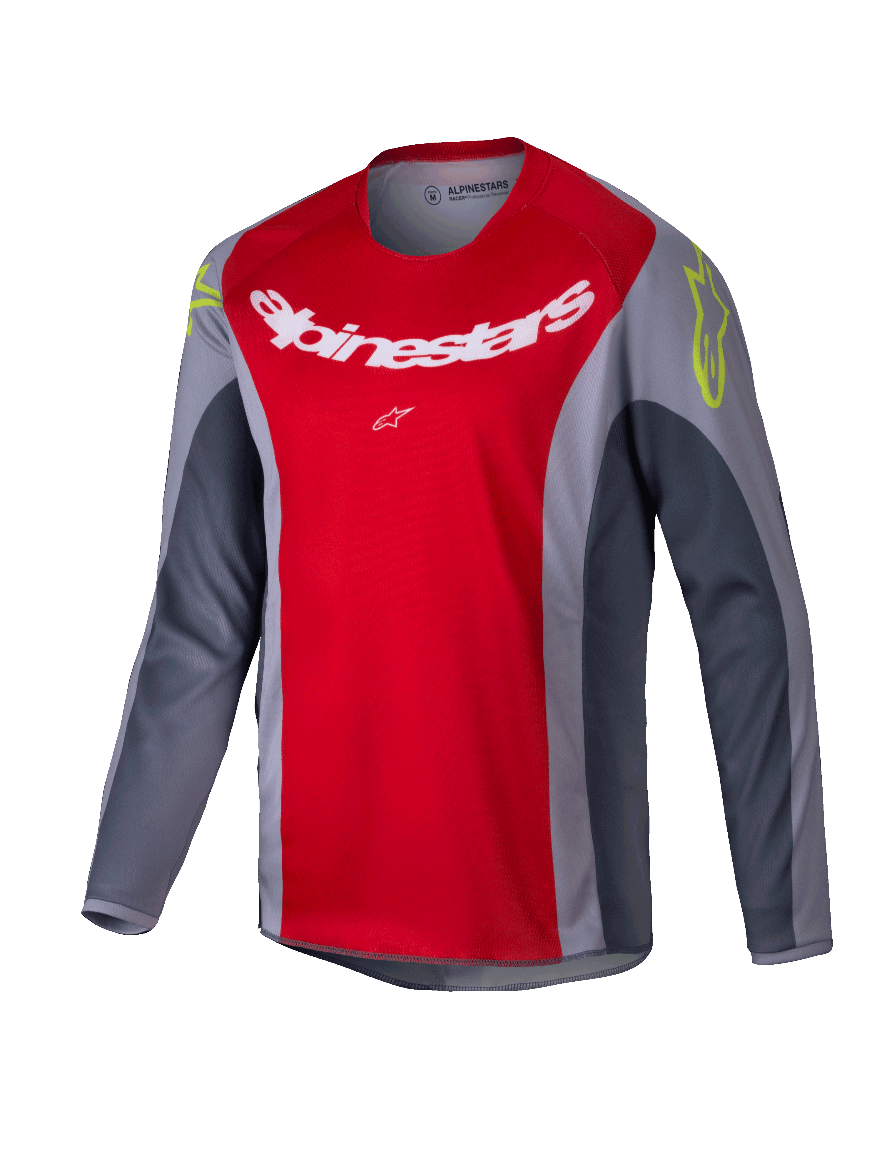 Alpinestars Youth Racer Melt Jersey 2025, koszulka motocrossowa, jaskrawoczerwona i szara, duże białe logo na piersi, neonowożółte akcenty na ramionach, techniczny materiał z długim rękawem do jazdy terenowej