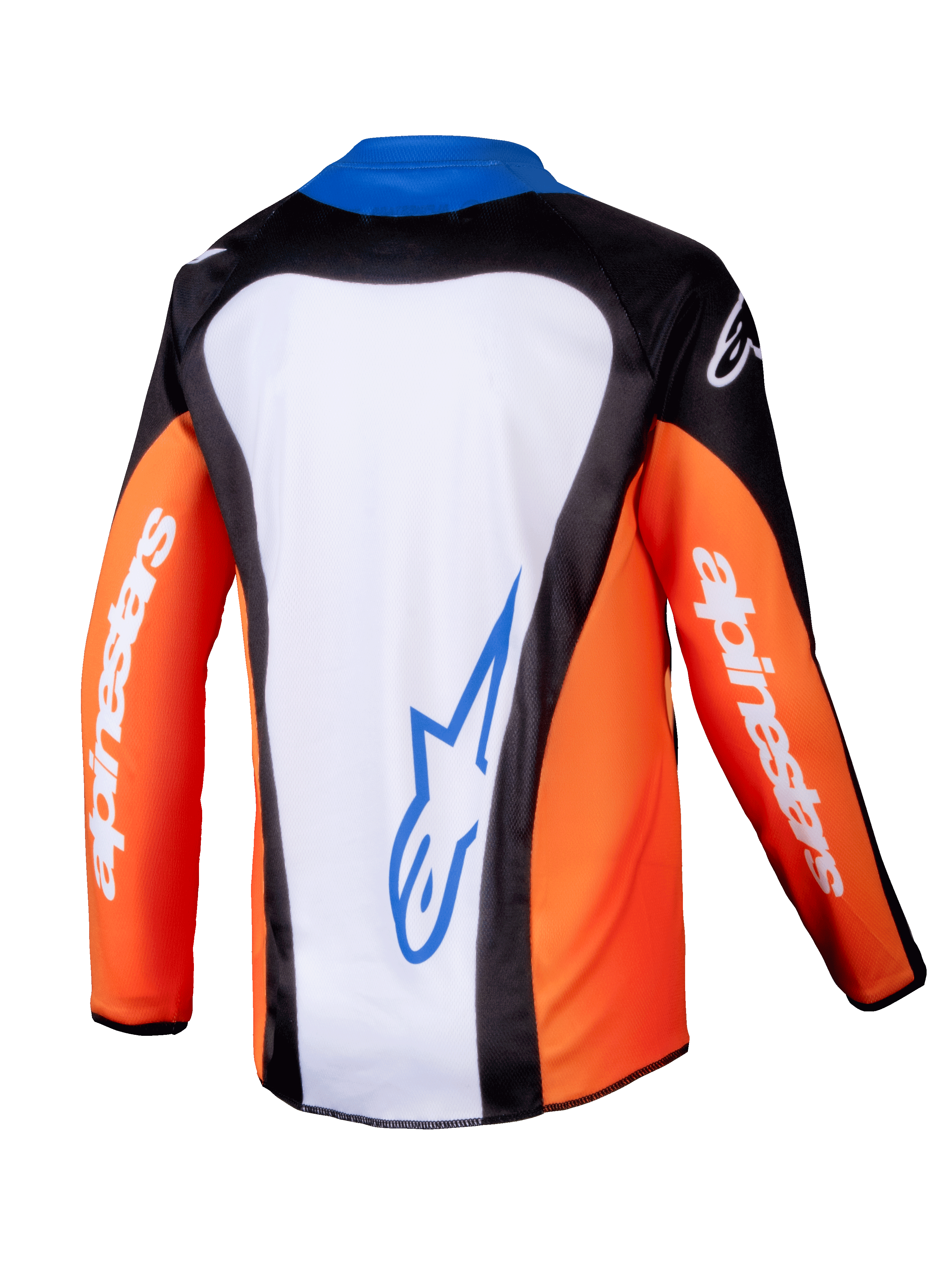 Alpinestars 2025 Youth Racer Melt Jersey, koszulka motocrossowa, pomarańczowo-niebiesko-biała, widok z tyłu pokazujący biały panel z niebieskim logo, pomarańczowe rękawy z białym brandingiem, ergonomiczny design do jazdy terenowej dla młodzieży