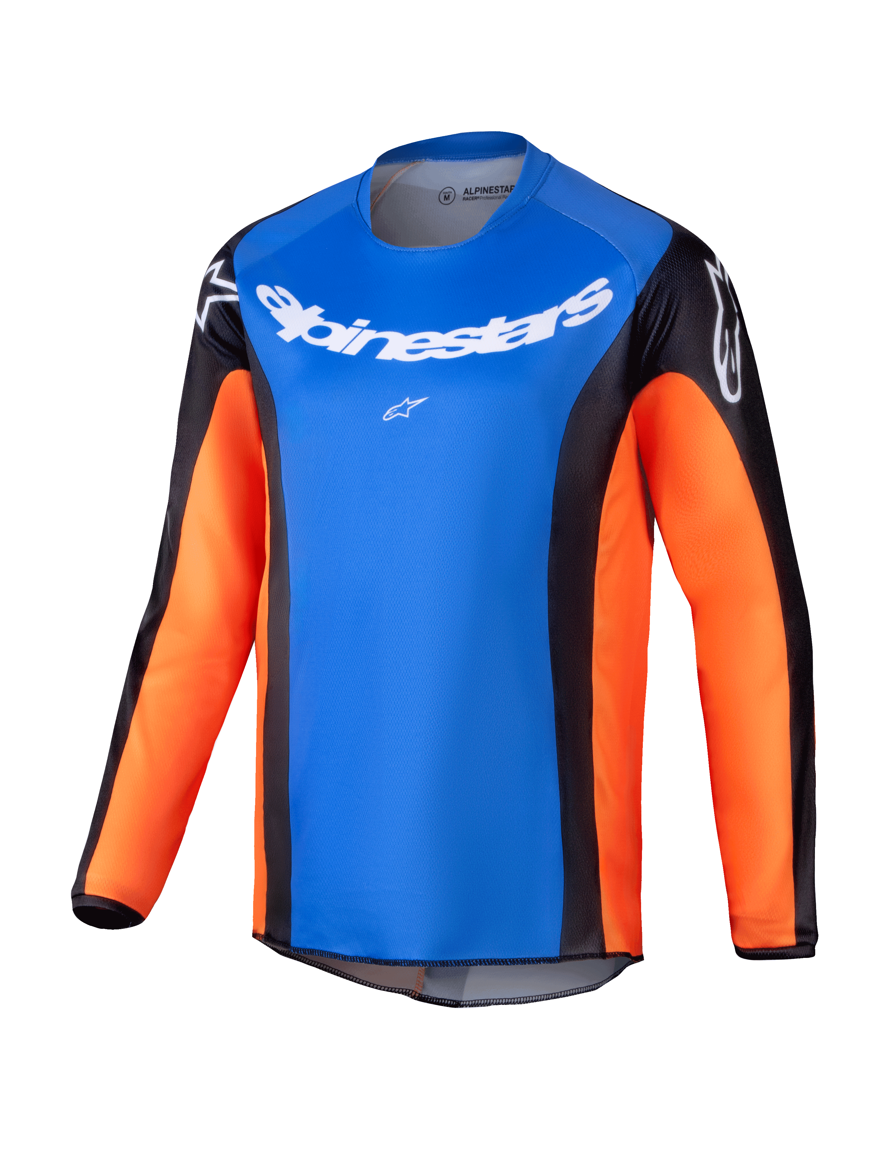 Alpinestars Youth Racer Melt Jersey 2025, młodzieżowa koszulka motocrossowa z długim rękawem, jasnoniebieski przód, pomarańczowe rękawy i czarne panele boczne, białe logo Alpinestars na klatce piersiowej i ramionach, lekki materiał odprowadzający wilgoć do młodzieżowej jazdy terenowej
