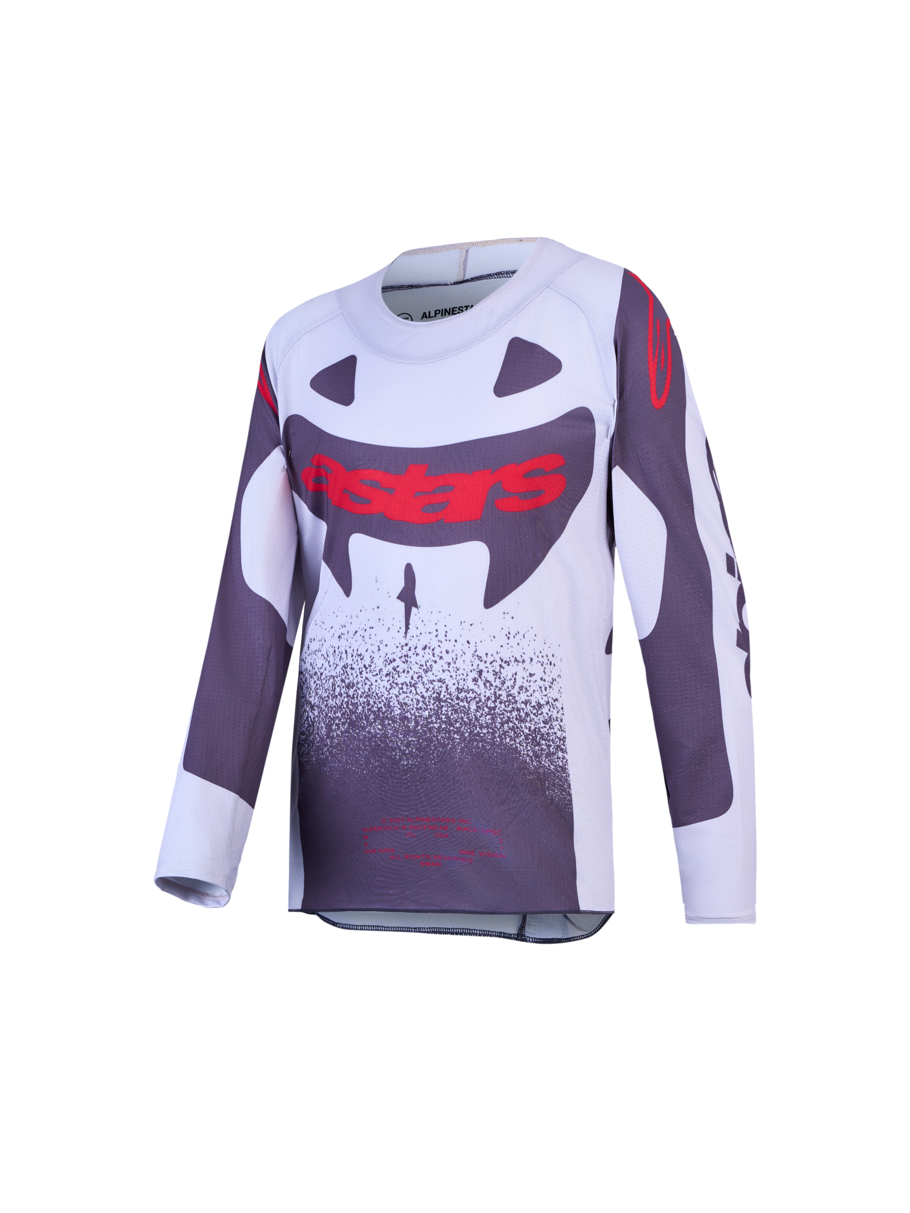 Alpinestars Youth Supertech Swan Jersey, motocross racing, gray and white with red graphics, lightweight stretch mesh.