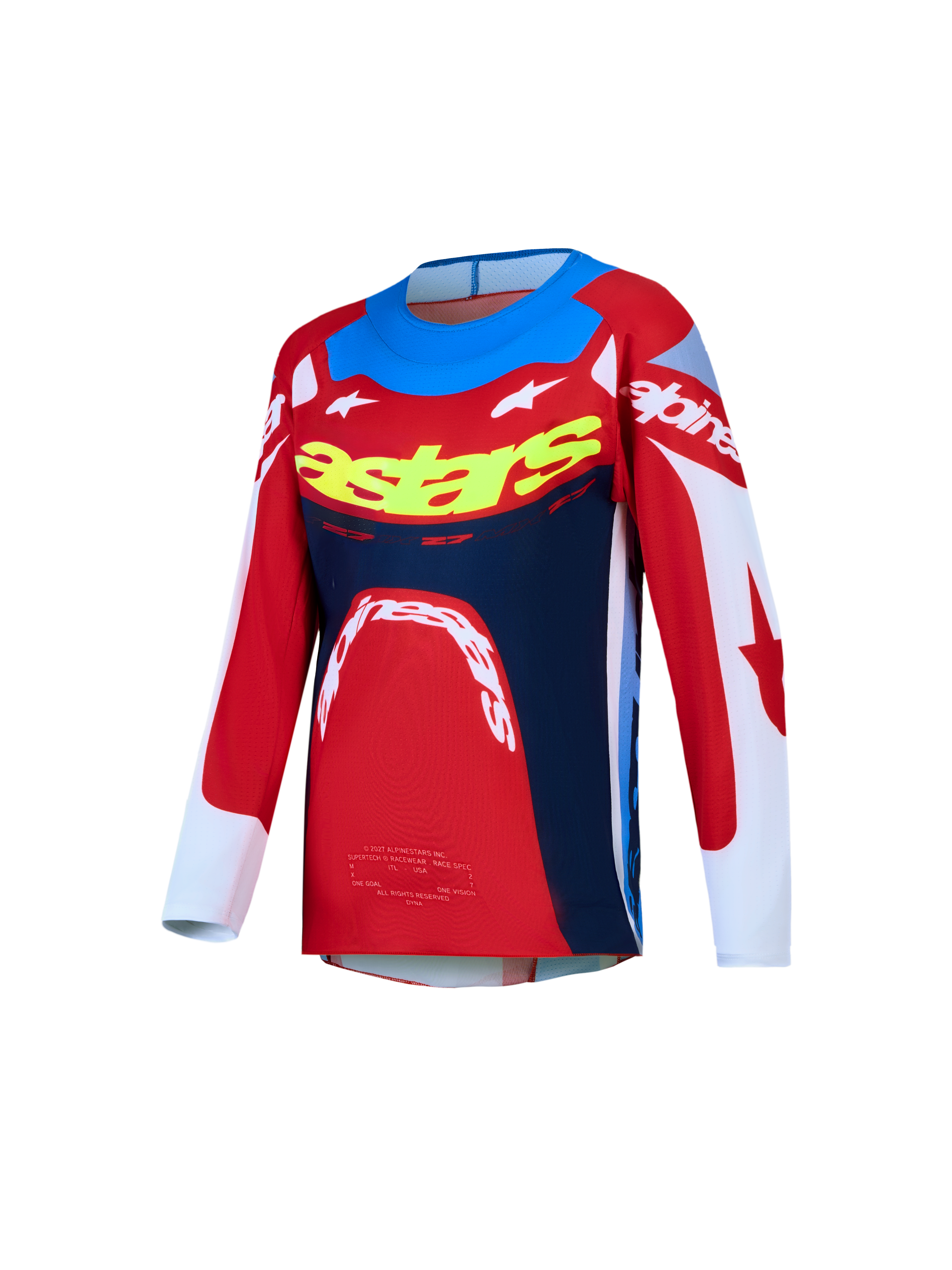 Alpinestars 2027 Youth Supertech Dyna Jersey, youth motocross jersey, red and navy blue stretch mesh.