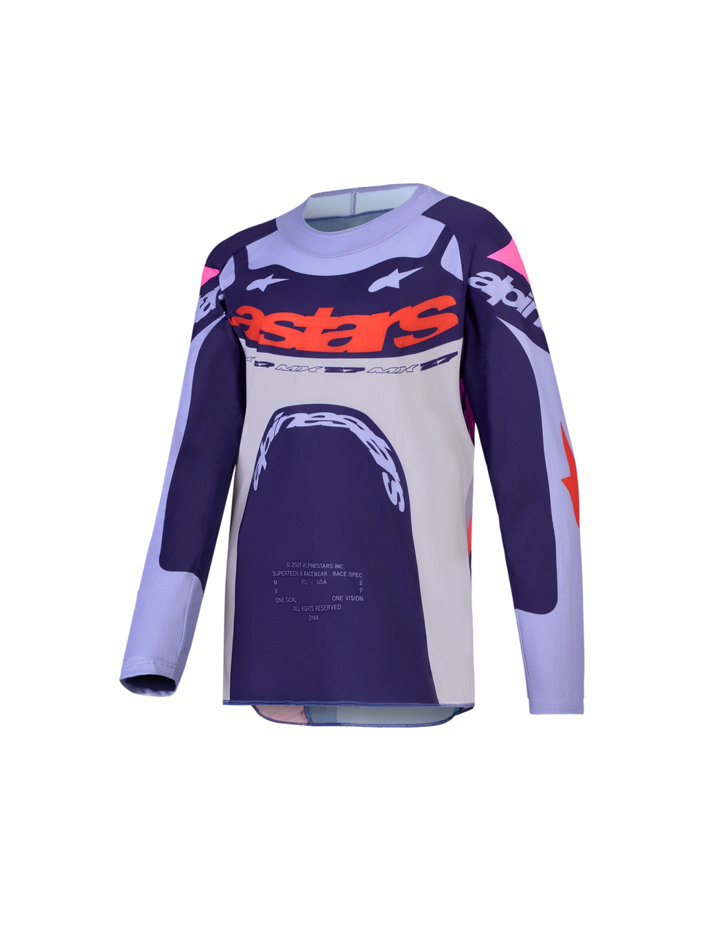 Alpinestars 2027 Youth Supertech Dyna Jersey, Purple and Pink Fluo Motocross racing jersey with ventilated stretch mesh.