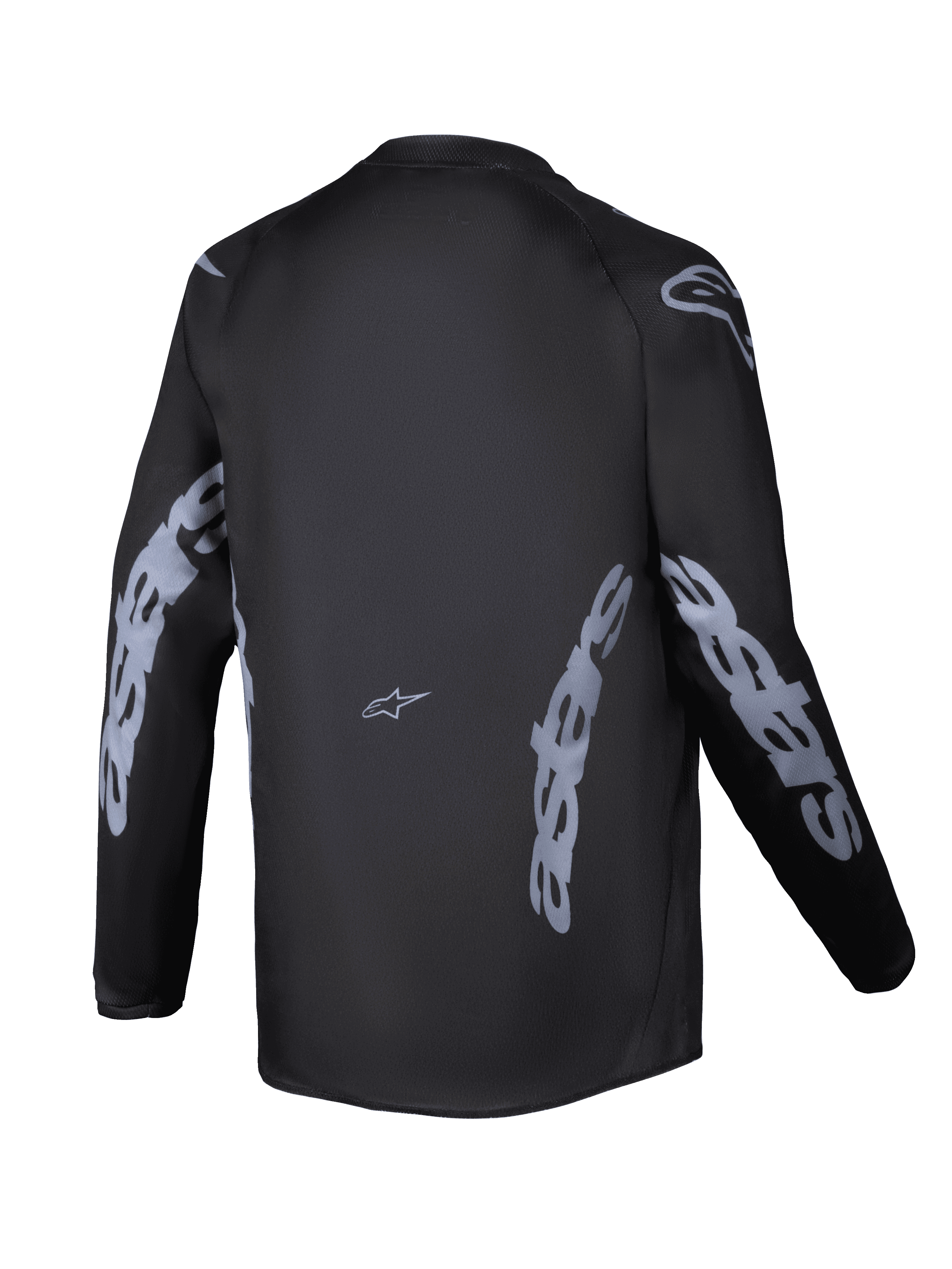 Alpinestars Youth Racer Graphite Jersey 2025, widok z tyłu, czarno-szara, koszulka motocrossowa z długim rękawem, szare logo Alpinestars na rękawach i bokach, materiał odprowadzający wilgoć, przedłużony tył do jazdy terenowej