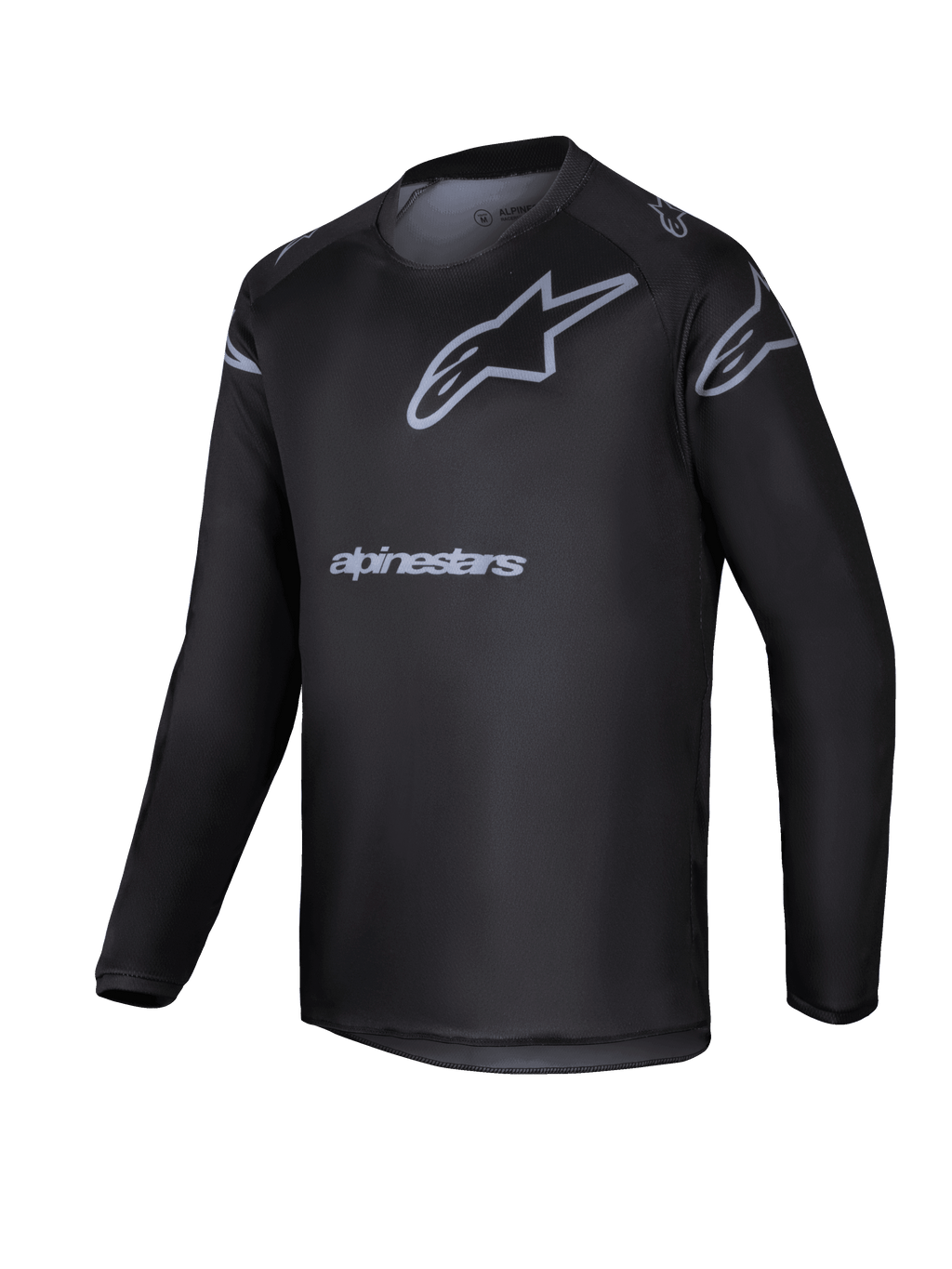 Alpinestars 2025 Youth Racer Graphite Jersey, czarno-szara młodzieżowa koszulka motocrossowa z długim rękawem, szare logo gwiazdy i nazwa marki, lekka odzież wyczynowa do jazdy terenowej dla młodzieży