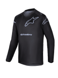 Alpinestars 2025 Youth Racer Graphite Jersey, czarno-szara młodzieżowa koszulka motocrossowa z długim rękawem, szare logo gwiazdy i nazwa marki, lekka odzież wyczynowa do jazdy terenowej dla młodzieży