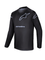 Alpinestars 2025 Youth Racer Graphite Jersey, czarno-szara młodzieżowa koszulka motocrossowa z długim rękawem, szare logo gwiazdy i nazwa marki, lekka odzież wyczynowa do jazdy terenowej dla młodzieży