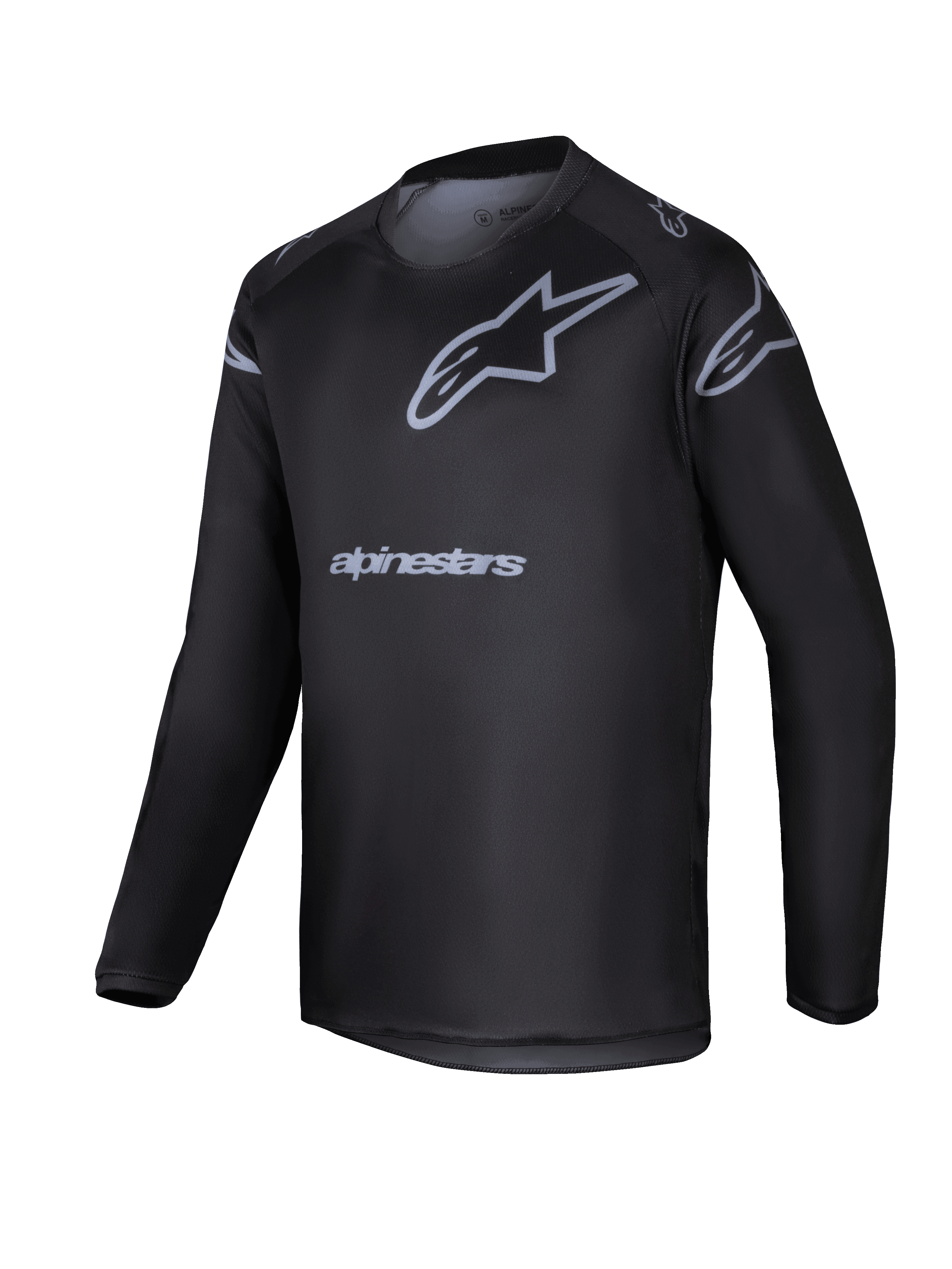 Alpinestars 2025 Youth Racer Graphite Jersey, czarno-szara młodzieżowa koszulka motocrossowa z długim rękawem, szare logo gwiazdy i nazwa marki, lekka odzież wyczynowa do jazdy terenowej dla młodzieży