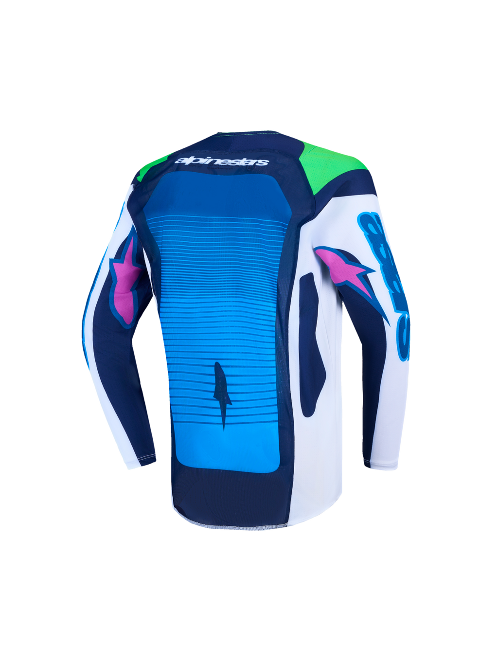 Młodzieżowa koszulka motocrossowa Alpinestars Supertech Maven, niebieska i biała, widok z tyłu, oddychająca siatka stretch
