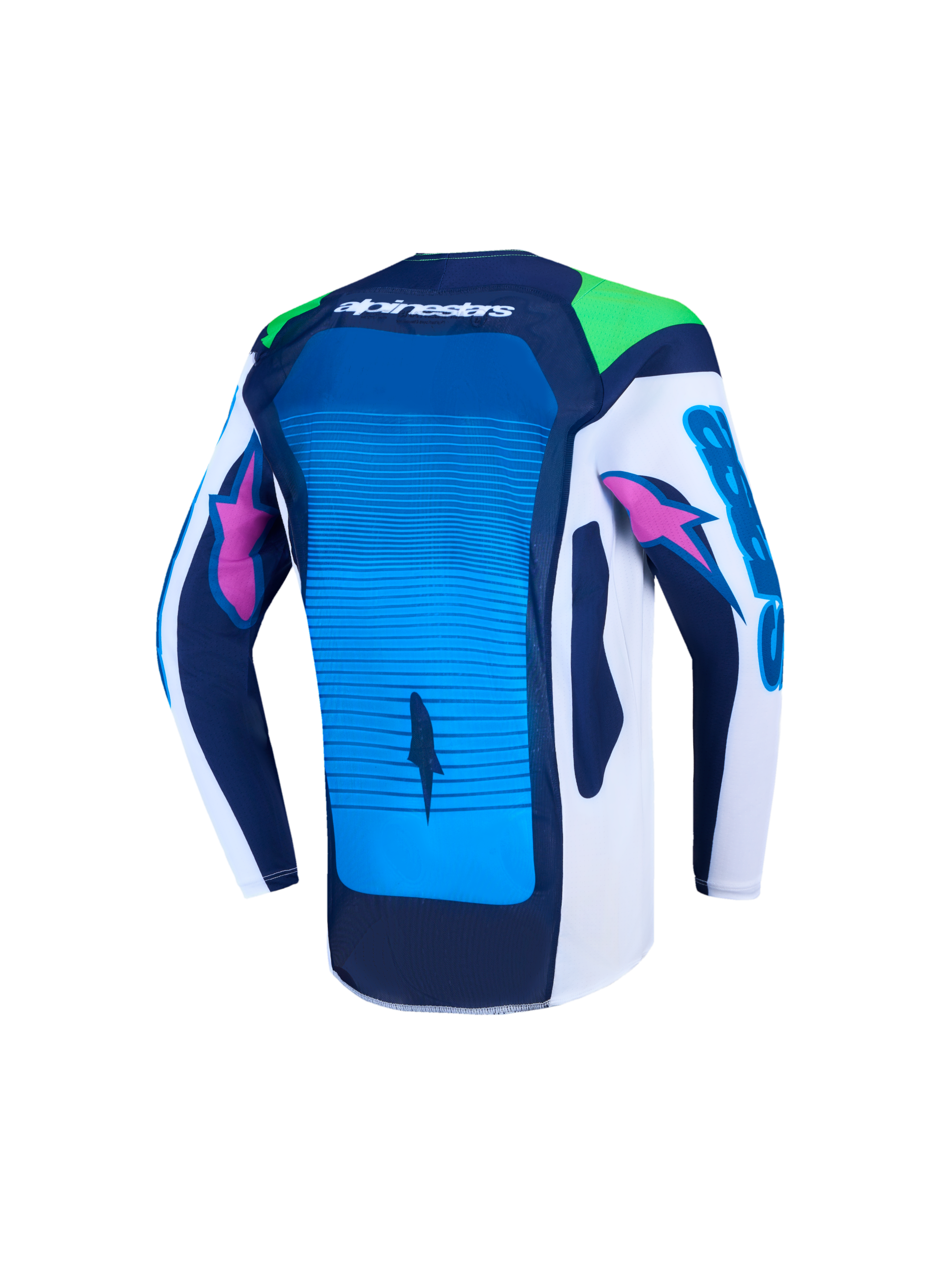 Młodzieżowa koszulka motocrossowa Alpinestars Supertech Maven, niebieska i biała, widok z tyłu, oddychająca siatka stretch