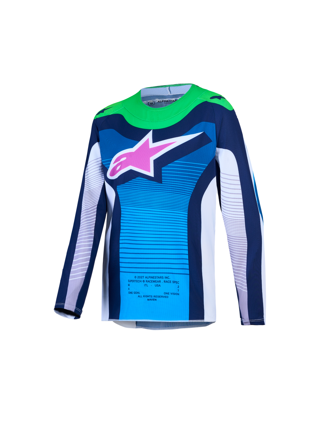 Alpinestars Koszulka Supertech Maven Młodzieżowe AND Gear Set, niebieska koszulka MX z zielonymi akcentami i różowym logo.