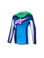 Alpinestars Koszulka Supertech Maven Młodzieżowe AND Gear Set, niebieska koszulka MX z zielonymi akcentami i różowym logo.