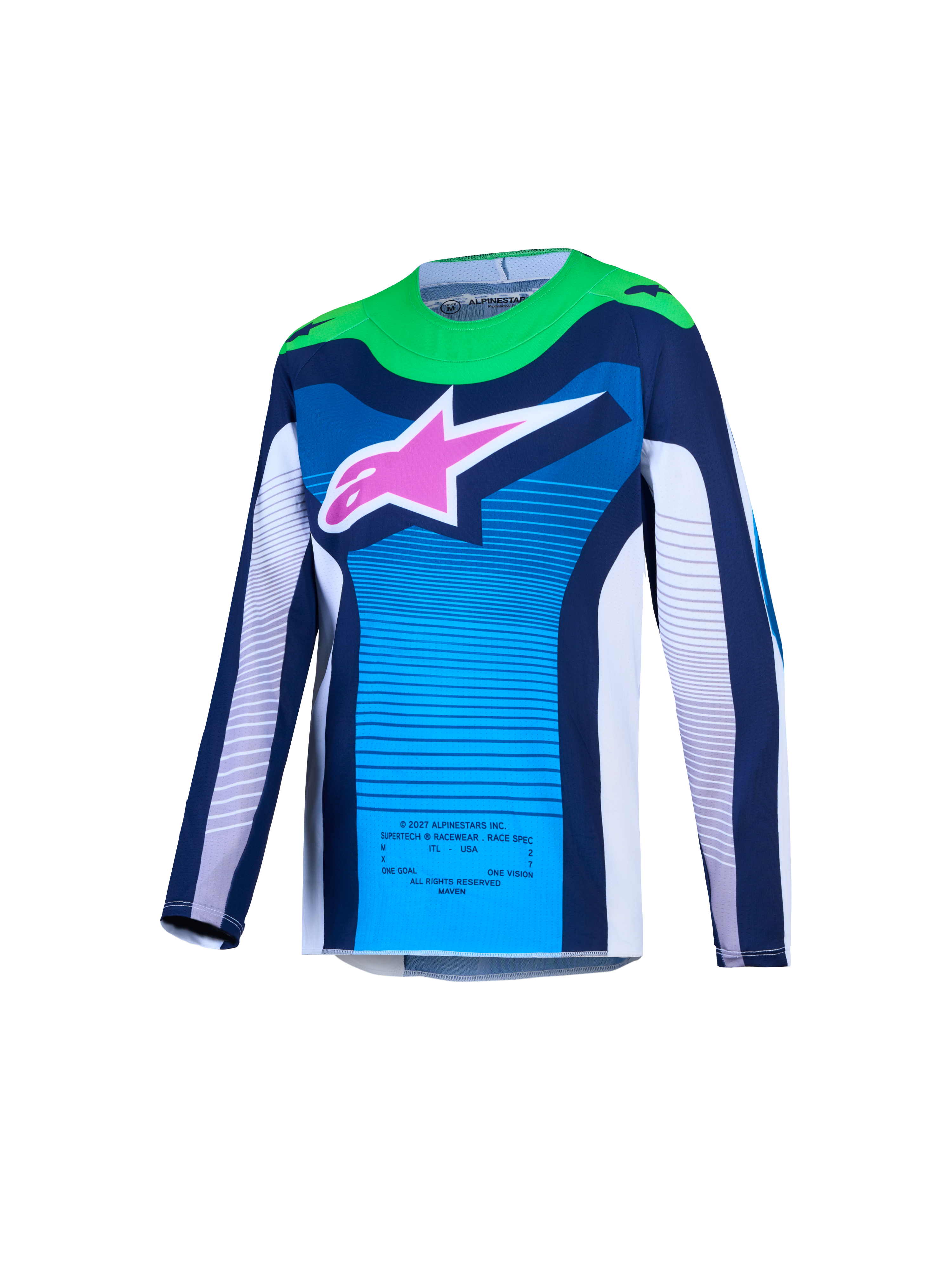 Alpinestars Koszulka Supertech Maven Młodzieżowe AND Gear Set, niebieska koszulka MX z zielonymi akcentami i różowym logo.