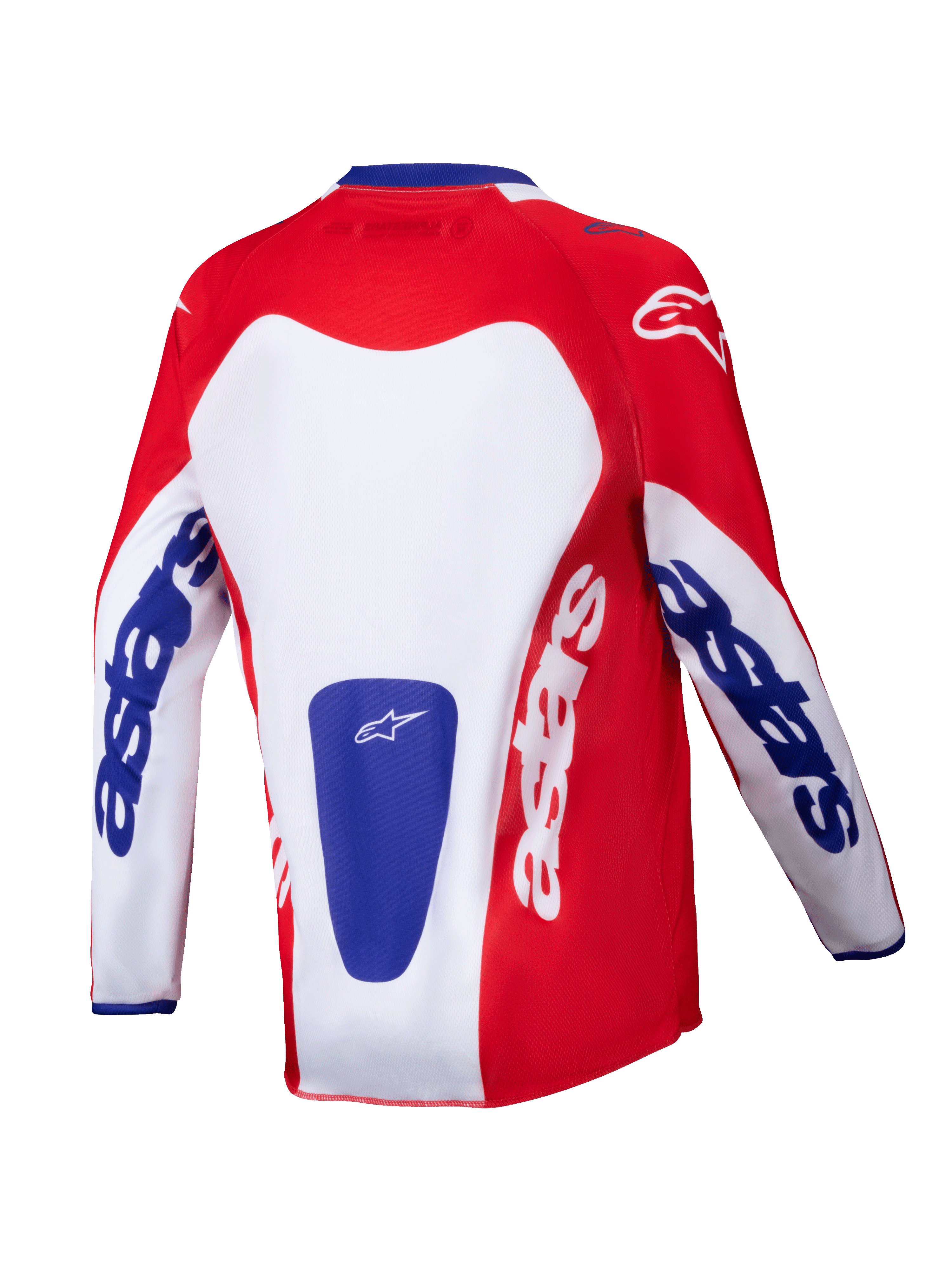 Alpinestars Youth Racer Veil Jersey 2025, koszulka motocrossowa, jasnoczerwona i biała z niebieskimi akcentami, widok z tyłu z wyraźnym logo „astars” na rękawach i plecach, zaprojektowana dla młodzieży do jazdy terenowej