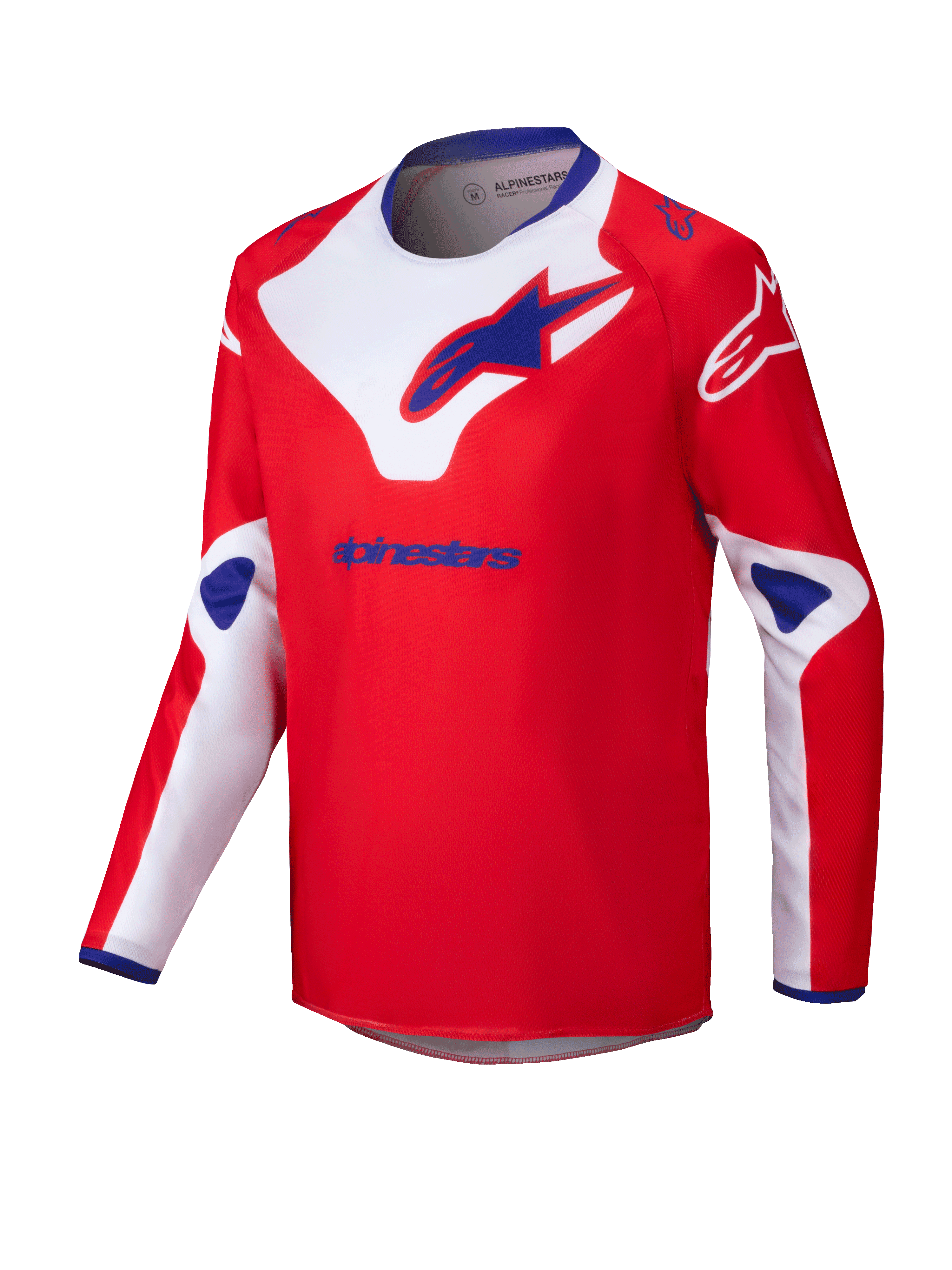 Alpinestars Youth Racer Veil Jersey 2025, młodzieżowa koszulka motocrossowa, czerwona z białymi i niebieskimi akcentami, długi rękaw, materiał odprowadzający wilgoć, duże logo Alpinestars na klatce piersiowej i ramionach, niebieski kołnierz, wyczynowa odzież terenowa