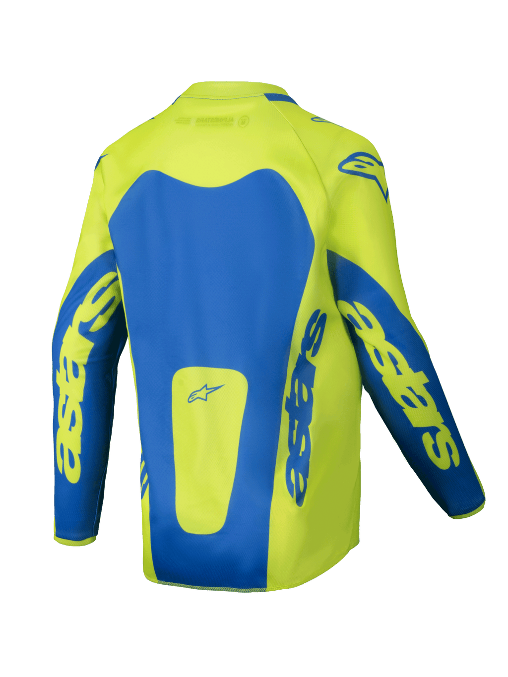 Alpinestars Youth Racer Veil Jersey 2025, młodzieżowa koszulka motocrossowa, żółty neonowy i niebieski, widok z tyłu z wyraźnymi niebieskimi panelami i brandingiem astars na rękawach, przedłużony tył zapewniający osłonę, lekki materiał odprowadzający wilgoć do jazdy terenowej