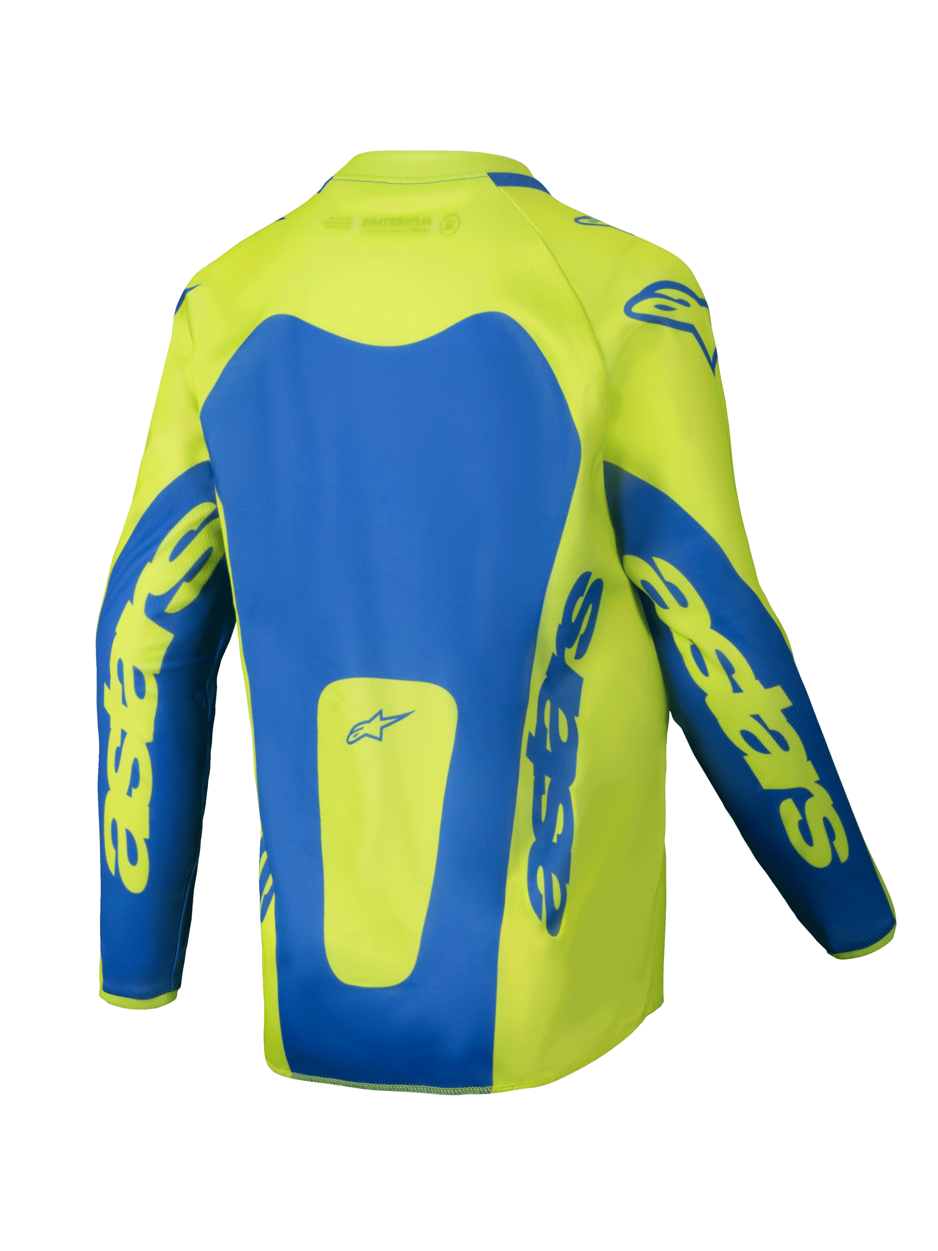 Alpinestars Youth Racer Veil Jersey 2025, młodzieżowa koszulka motocrossowa, żółty neonowy i niebieski, widok z tyłu z wyraźnymi niebieskimi panelami i brandingiem astars na rękawach, przedłużony tył zapewniający osłonę, lekki materiał odprowadzający wilgoć do jazdy terenowej