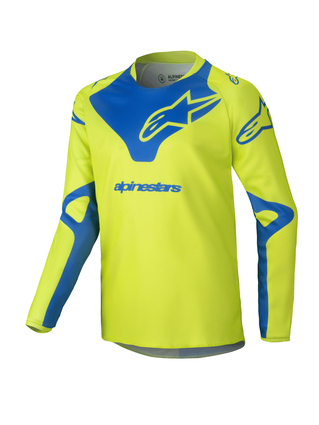 Alpinestars Youth Racer Veil Jersey 2025, koszulka motocrossowa, żółta neonowa i niebieska, techniczna góra z długim rękawem, niebieskie logo Alpinestars na piersi i ramionach, lekka tkanina odprowadzająca wilgoć do jazdy terenowej