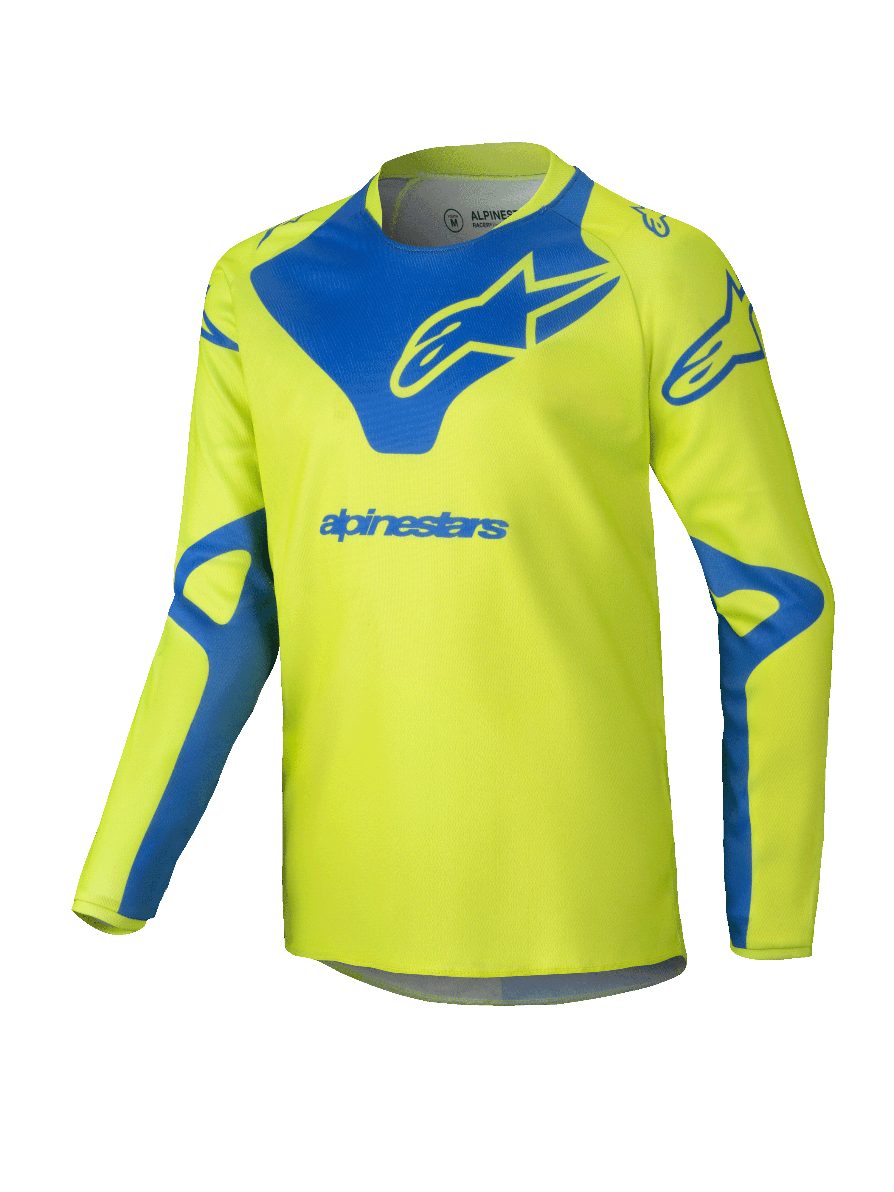Alpinestars Youth Racer Veil Jersey 2025, koszulka motocrossowa, żółta neonowa i niebieska, techniczna góra z długim rękawem, niebieskie logo Alpinestars na piersi i ramionach, lekka tkanina odprowadzająca wilgoć do jazdy terenowej