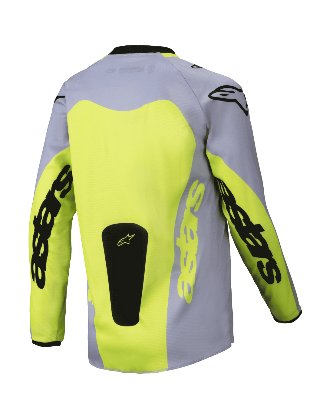 Alpinestars Youth Racer Veil Jersey 2025, młodzieżowa koszulka motocrossowa, widok z tyłu, szary i neonowy żółty, duży żółty panel na plecach, branding Astars na rękawach, czarna naszywka z logo u dołu, lekka odzież do jazdy terenowej