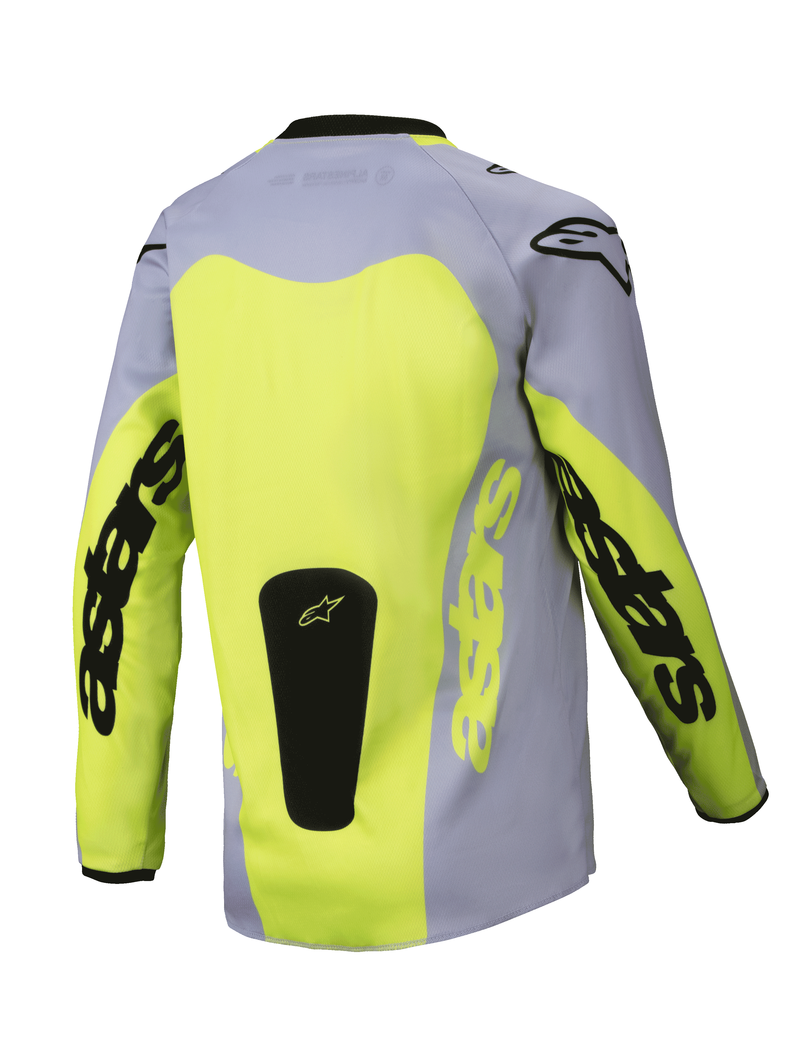 Alpinestars Youth Racer Veil Jersey 2025, młodzieżowa koszulka motocrossowa, widok z tyłu, szary i neonowy żółty, duży żółty panel na plecach, branding Astars na rękawach, czarna naszywka z logo u dołu, lekka odzież do jazdy terenowej