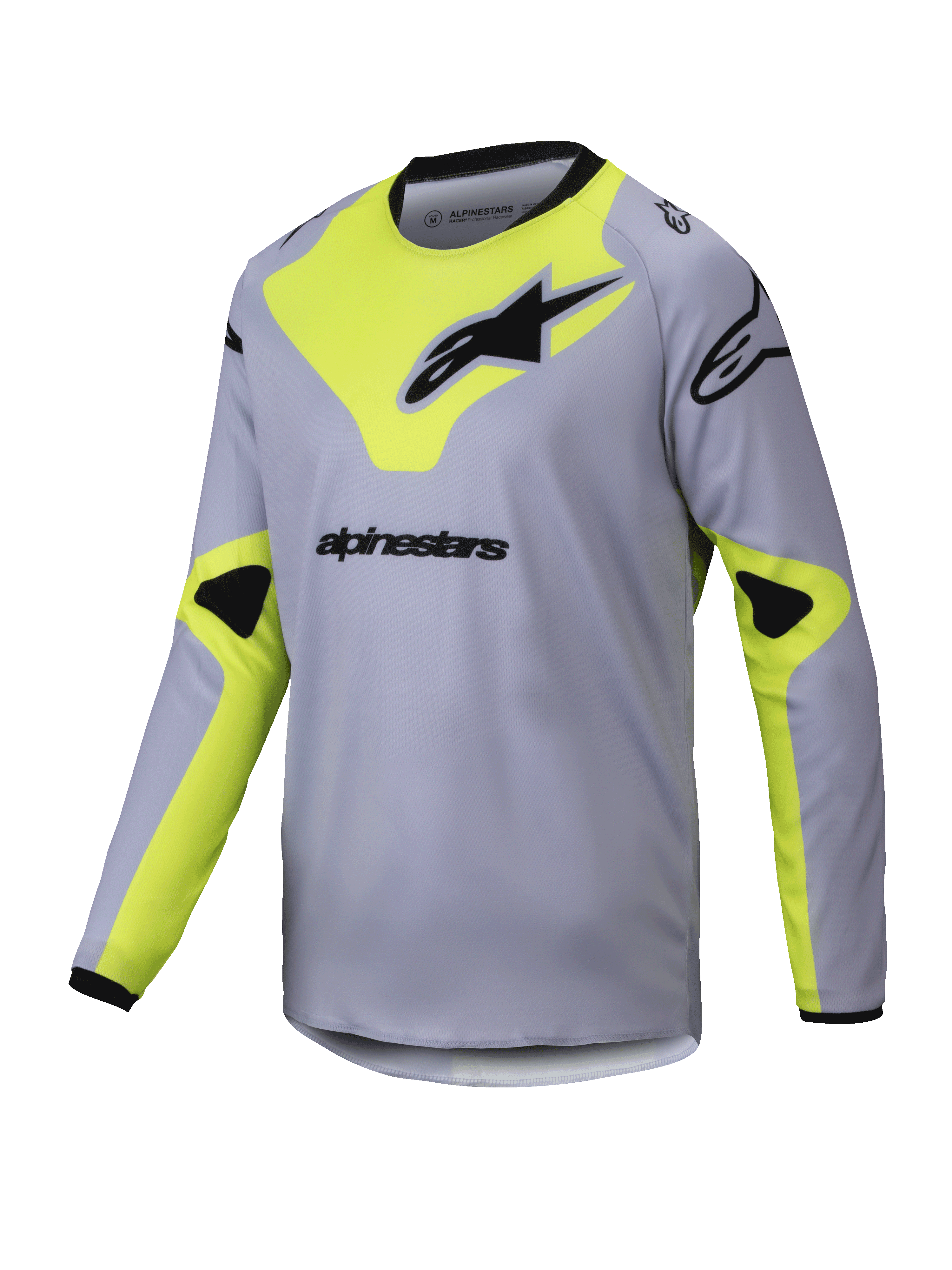 Alpinestars Youth Racer Veil Jersey 2025, młodzieżowa koszulka motocrossowa z długim rękawem, szara i żółta neonowa, czarne logotypy, lekki oddychający materiał, czarny kołnierz i mankiety, geometryczny wzór
