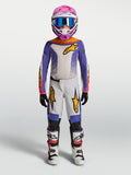 Alpinestars 2027 Youth Fluid Drag gear set, liliowy i biały młodzieżowy zestaw odzieży motocrossowej ze złotymi detalami.