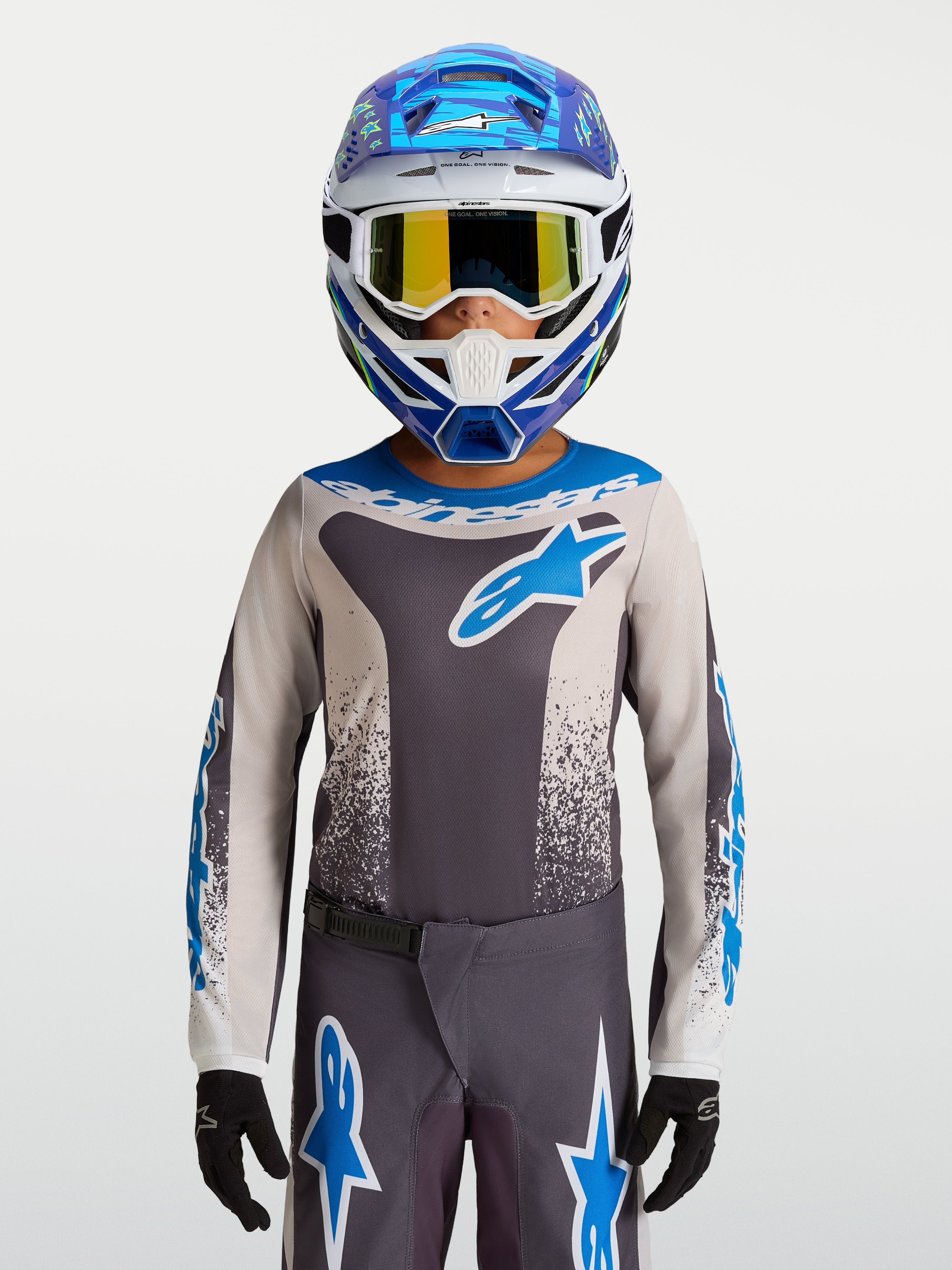 Alpinestars Koszulka Fluid Drag Młodzieżowe 2027, szaro-niebieska koszulka motocrossowa, oddychający materiał off-road.