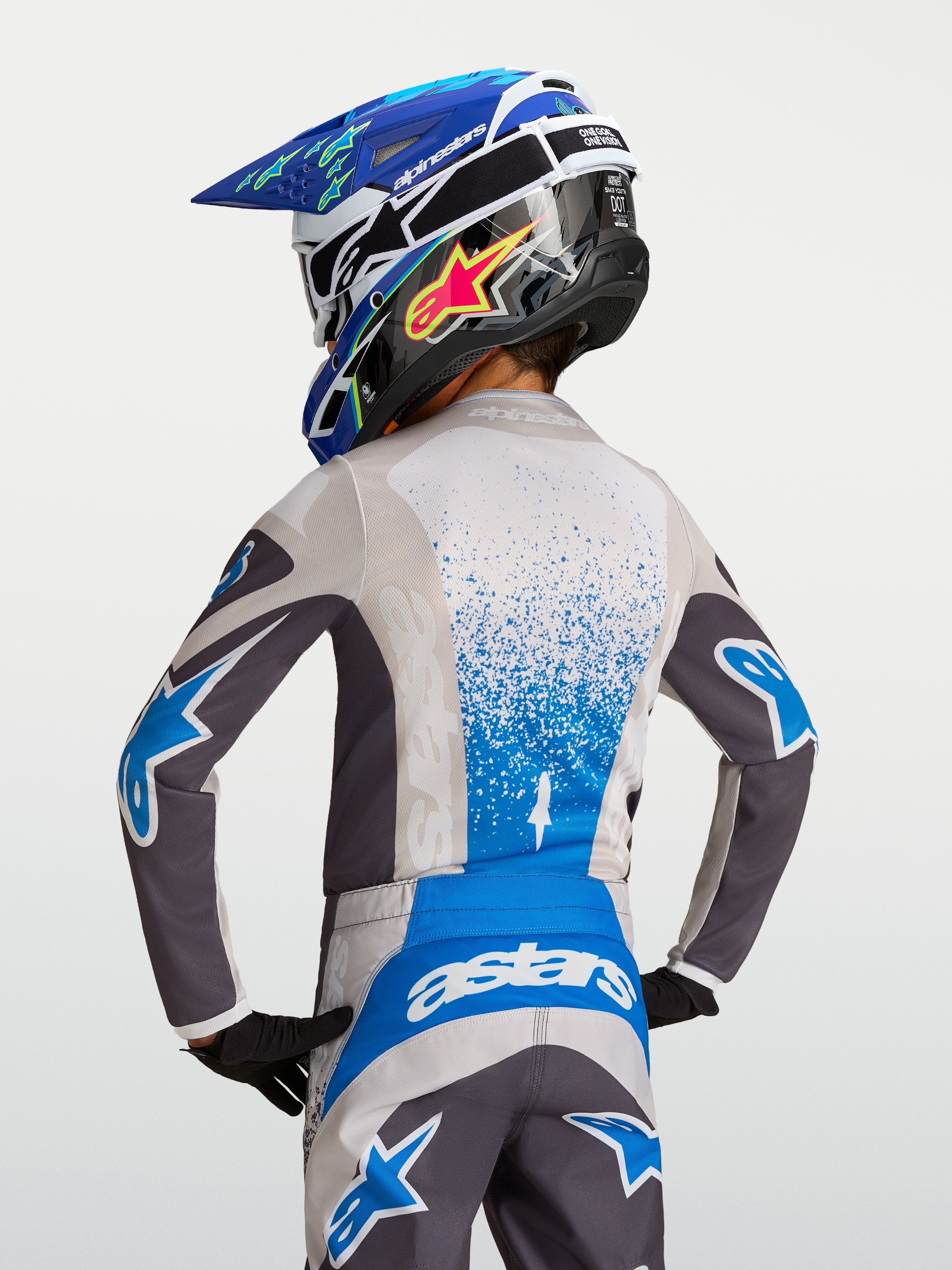 Koszulka Alpinestars Fluid Drag Młodzieżowe, dziecięca koszulka motocrossowa, szara i niebieska, oddychający materiał z grafiką drag na plecach
