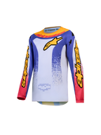 Alpinestars 2027 Youth Fluid Drag Jersey, breathable blue and white youth motocross shirt with yellow and red racing graphics.